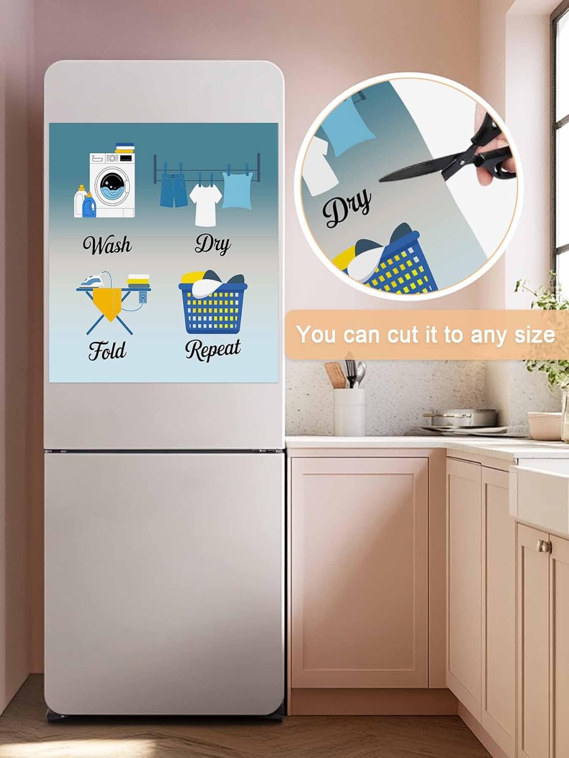 Blue Ombre Laundry Dishwasher Magnet Cover, Wash Dry Fold Repeat Refrigerator Magnets Covers for The Front Door, Reusable Dishwasher Panel Fridge Decal Cover for Home Appliance Decor 23''x26''