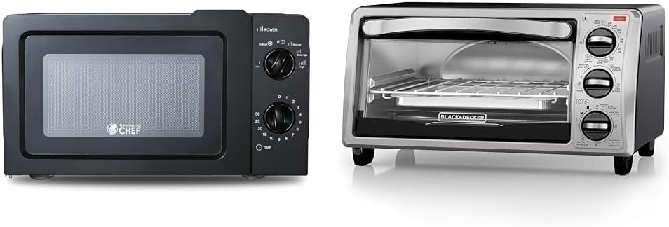 COMMERCIAL CHEF 0.6 Cubic Foot Microwave with 6 Power Levels, Small Microwave with Grip Handle & BLACK+DECKER 4-Slice Toaster Oven, TO1313SBD, Even Toast, 4 Cooking Functions Bake