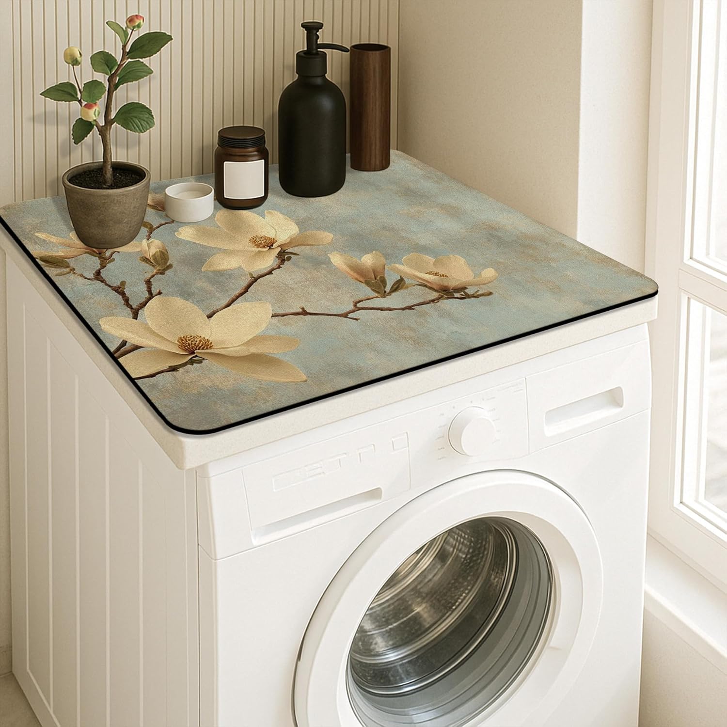 Magnolia Washer Dryer Top Protector Mat, Soft Vintage Blossom Laundry Machine Dust Covers, Spring Decor Rubber Anti-slip Waterproof Washers and Dryers Mats for Laundry Room 24x24 Inch