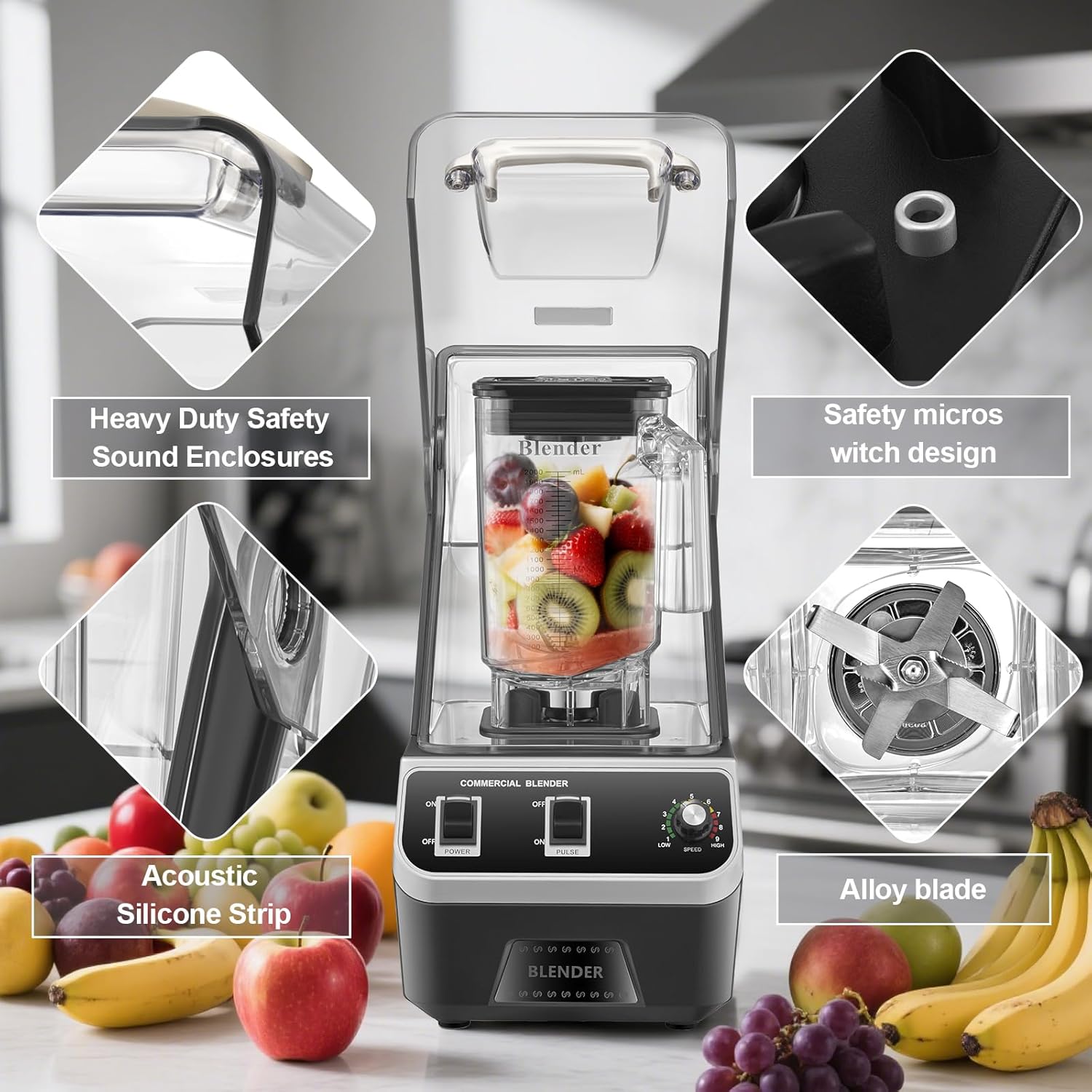 2200W Commercial Blender for Smoothies - Professional Grade, High Speed Quiet Electric Countertop Blenders with Sound Enclosure, 68oz for Kitchen & Home Use