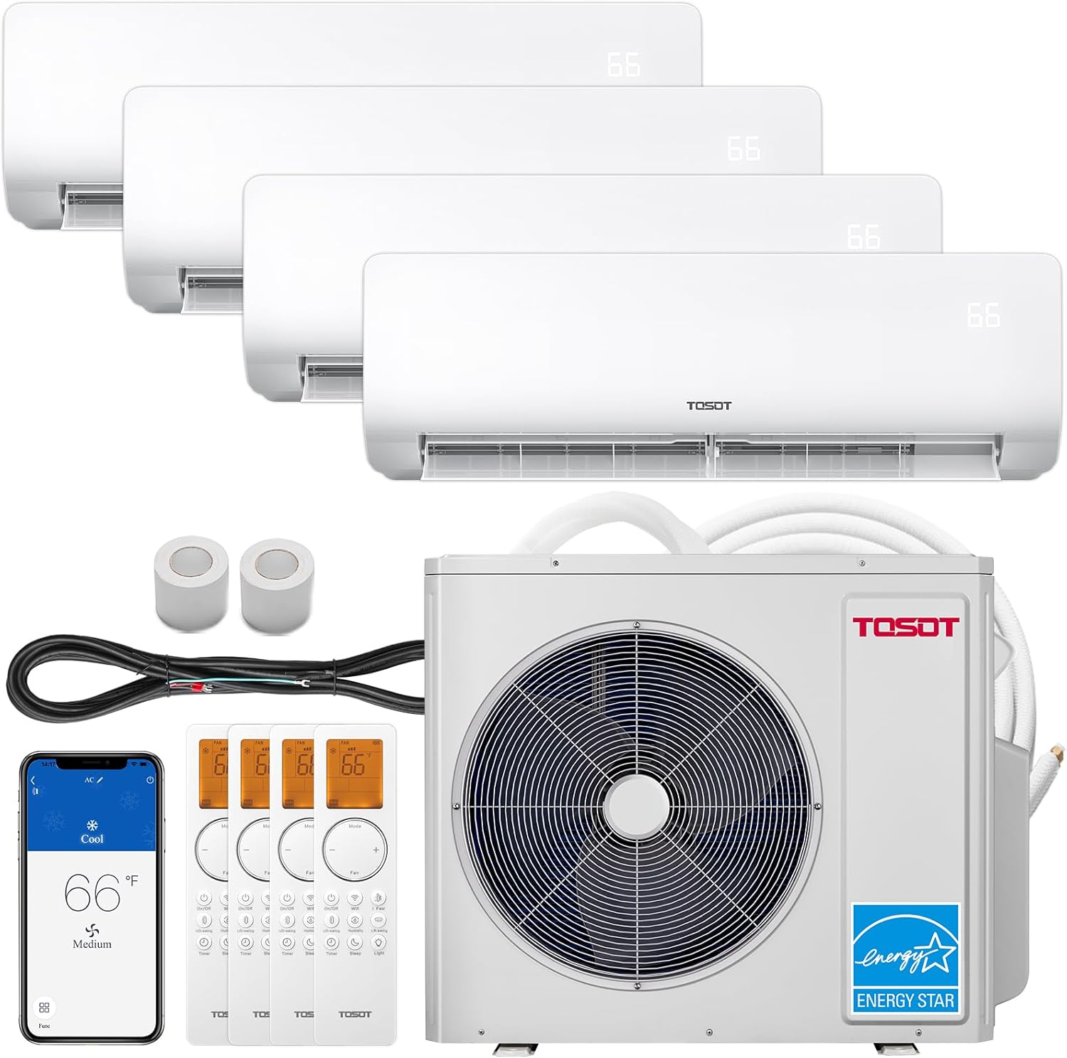 TOSOT 36,000BTU Quad 4 Zone Mini Split AC with Heat Pump, 21SEER2, 230V, Wifi-Enabled Ductless Inverter Split System with 16ft Copper Line Set, 9,000+9,000+9,000+9,000 BTU, Cosmo Series