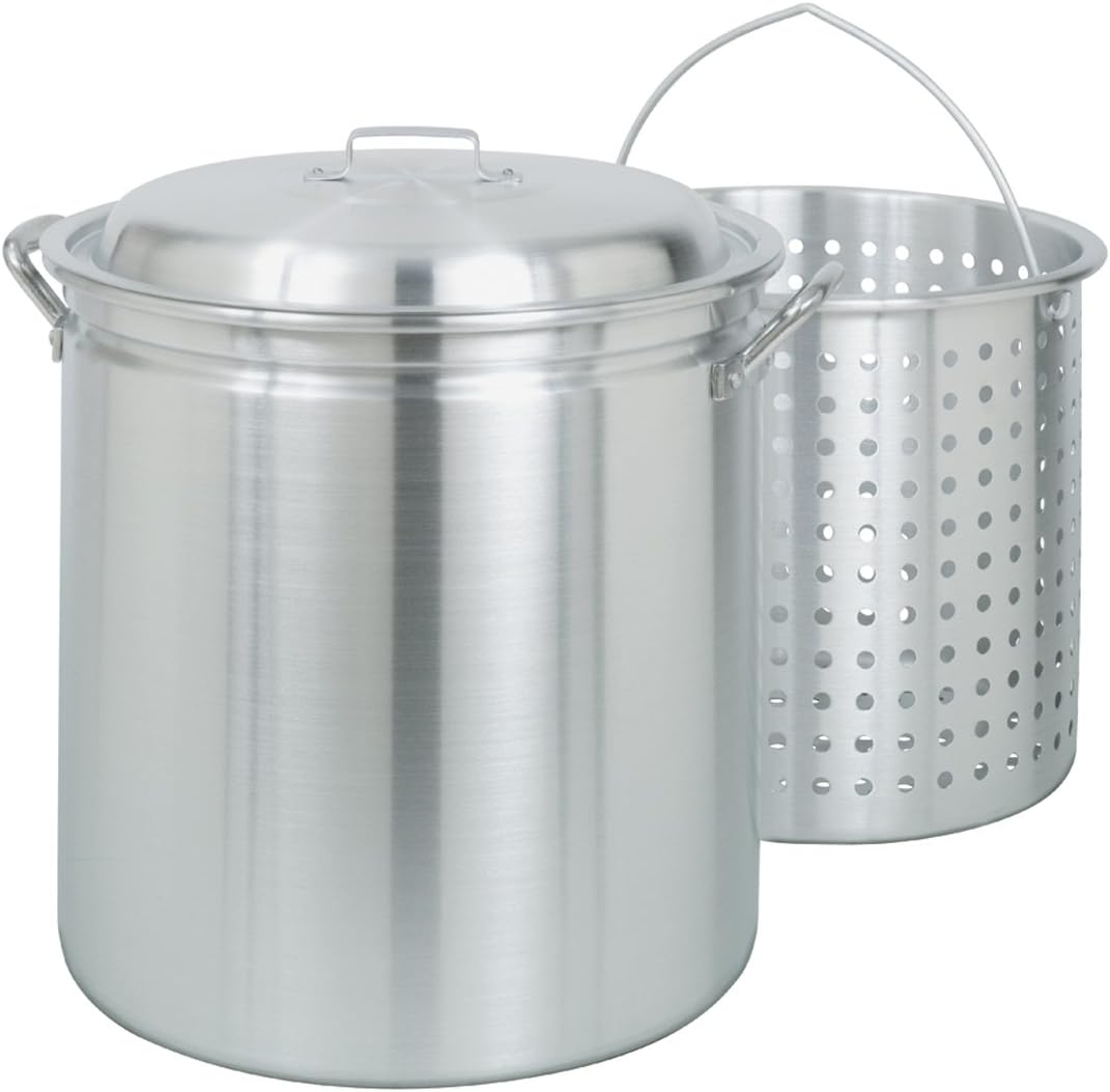 Bayou Classic 4034 34-qt Aluminum Stockpot w/Basket Features Domed Vented Lid Heavy Riveted Handles Perforated Aluminum Basket Perfect For Boiling Steaming and Canning Handcrafted Desig