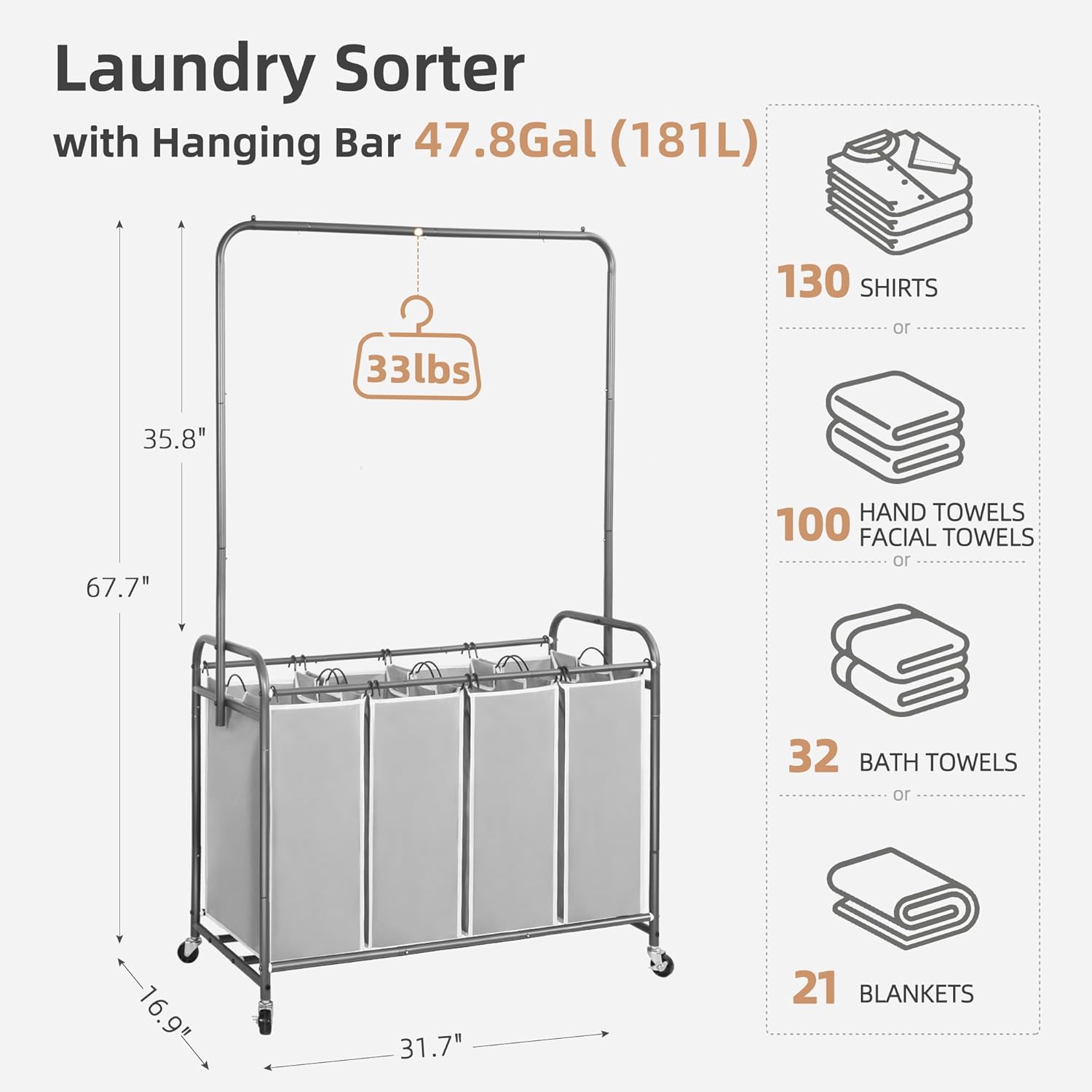 STORAGE MANIAC Laundry Sorter with Hanging Bar, Portable, Removable Laundry Hamper Cart with Heavy Duty Rolling Lockable Wheels and Removable Bags, Rolling Laundry Basket Organizer 181L, 4 Section