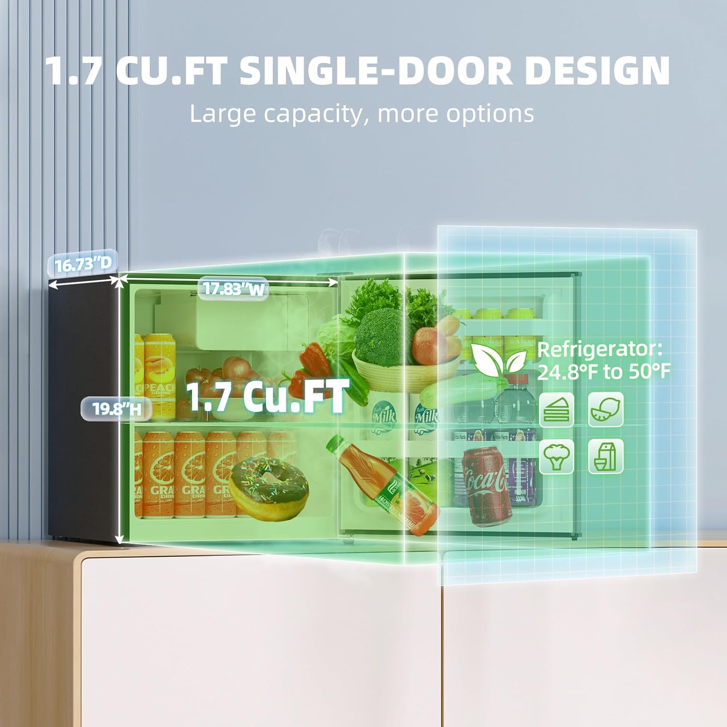 Frestec 1.7 Cu.Ft Mini Fridge with Freezer, Mini Fridge for Bedroom, Small Refrigerator, Dorm Refrigerators with Freezer, Compact Refrigerator for Office, Apartment, Dorm, Bedroom (Grey)