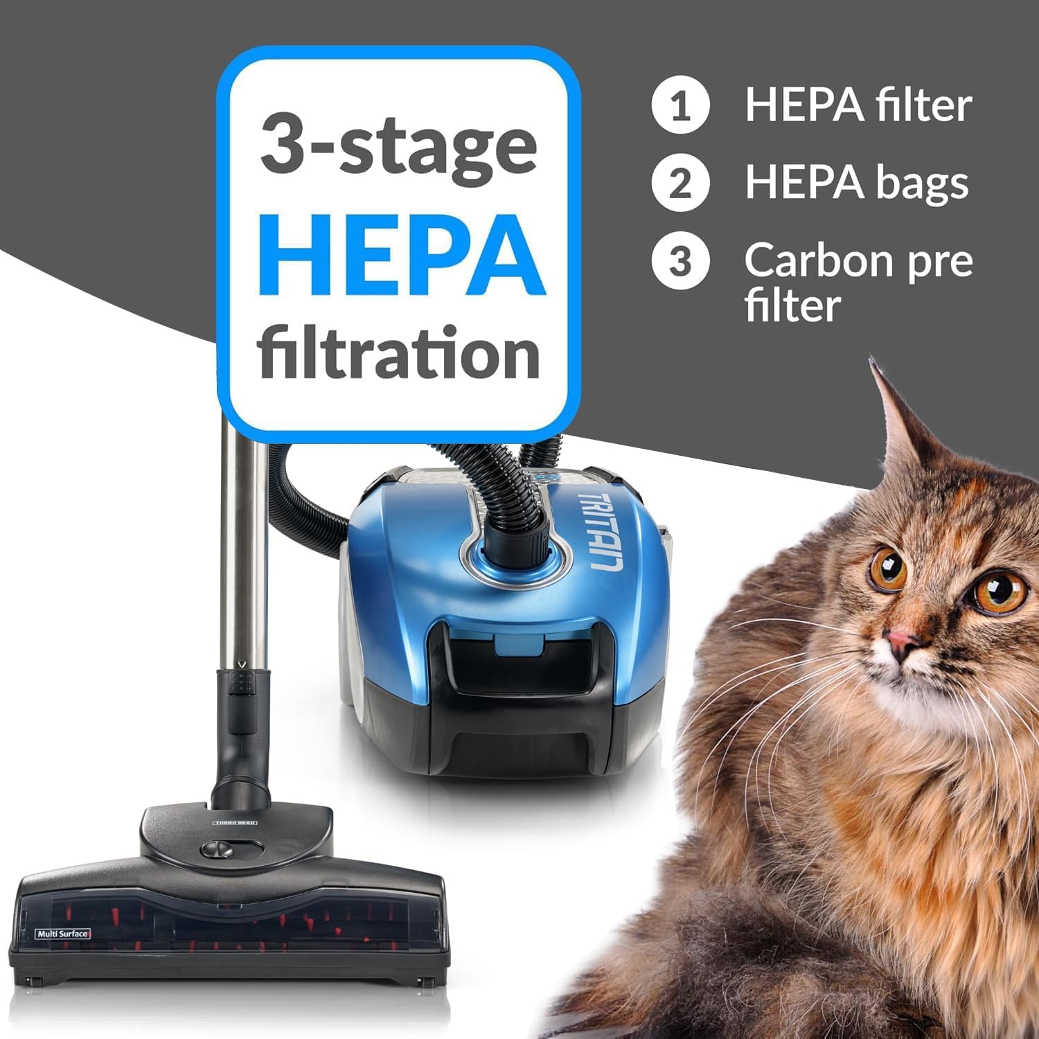 Prolux Tritan Bagged Canister Vacuum Cleaner, HEPA Filtration, Complete Home Care Tool Kit, Pet Hair No More, Adjustable Power Setting, Blue