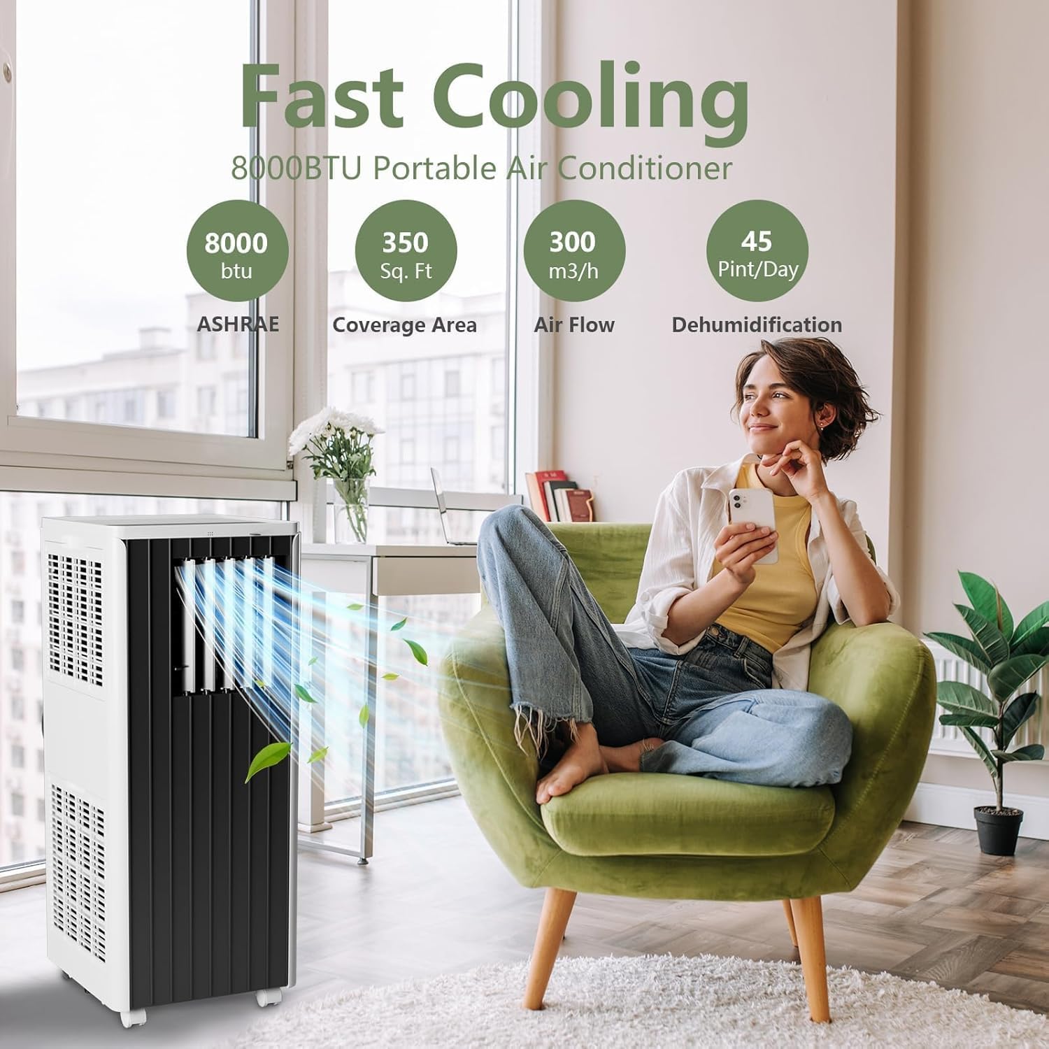 8000 BTU Portable Air Conditioner, 4-in-1 Cooling, Dehumidifier, Fan & Sleep Modes, Cools Up to 350 Sq Ft, Quiet Operation, Advanced Filtration, Remote Control & Easy Window Kit Included