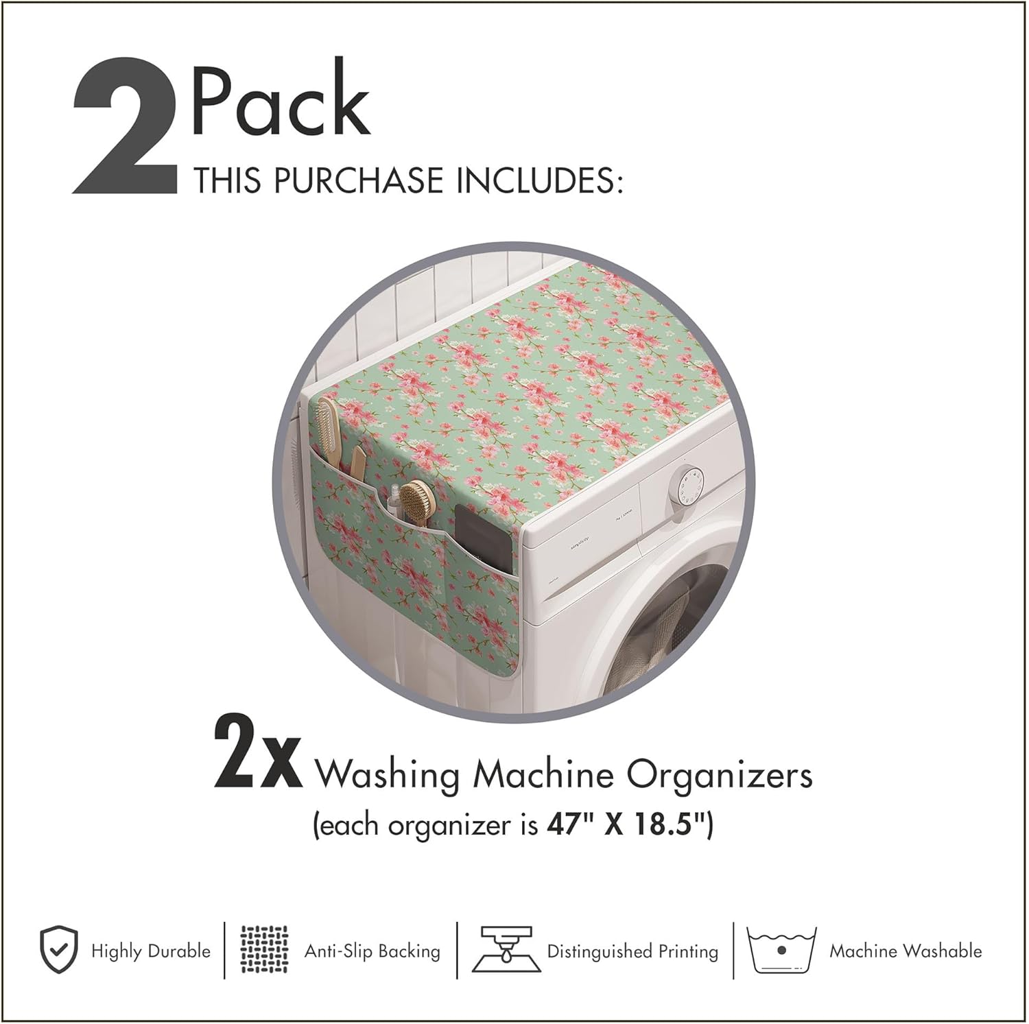 Ambesonne Shabby Flora Washing Machine Organizer Pack of 2, Retro Spring Blossom Flowers French Garden Florets Garland Artisan Image, Anti-Slip Cover for Washers Dryers, 47