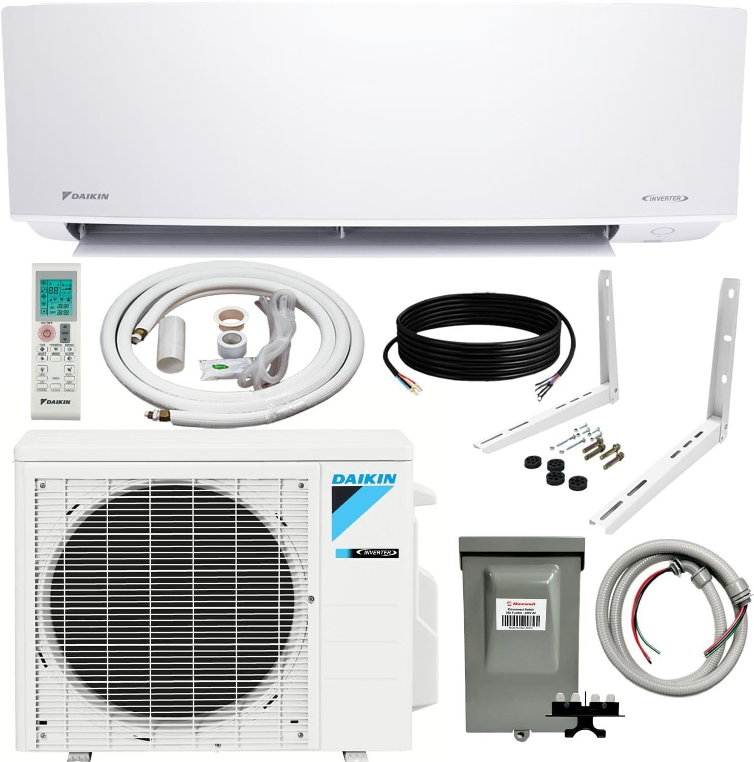 Daikin 18,000 Btu 18 SEER2 Ductless Mini-Split Wall Mount Heat Pump Air Conditioner - R32 w/ 15' Installation Kit, 1/2 Whip, 30A Disconnect, and Wall Bracket