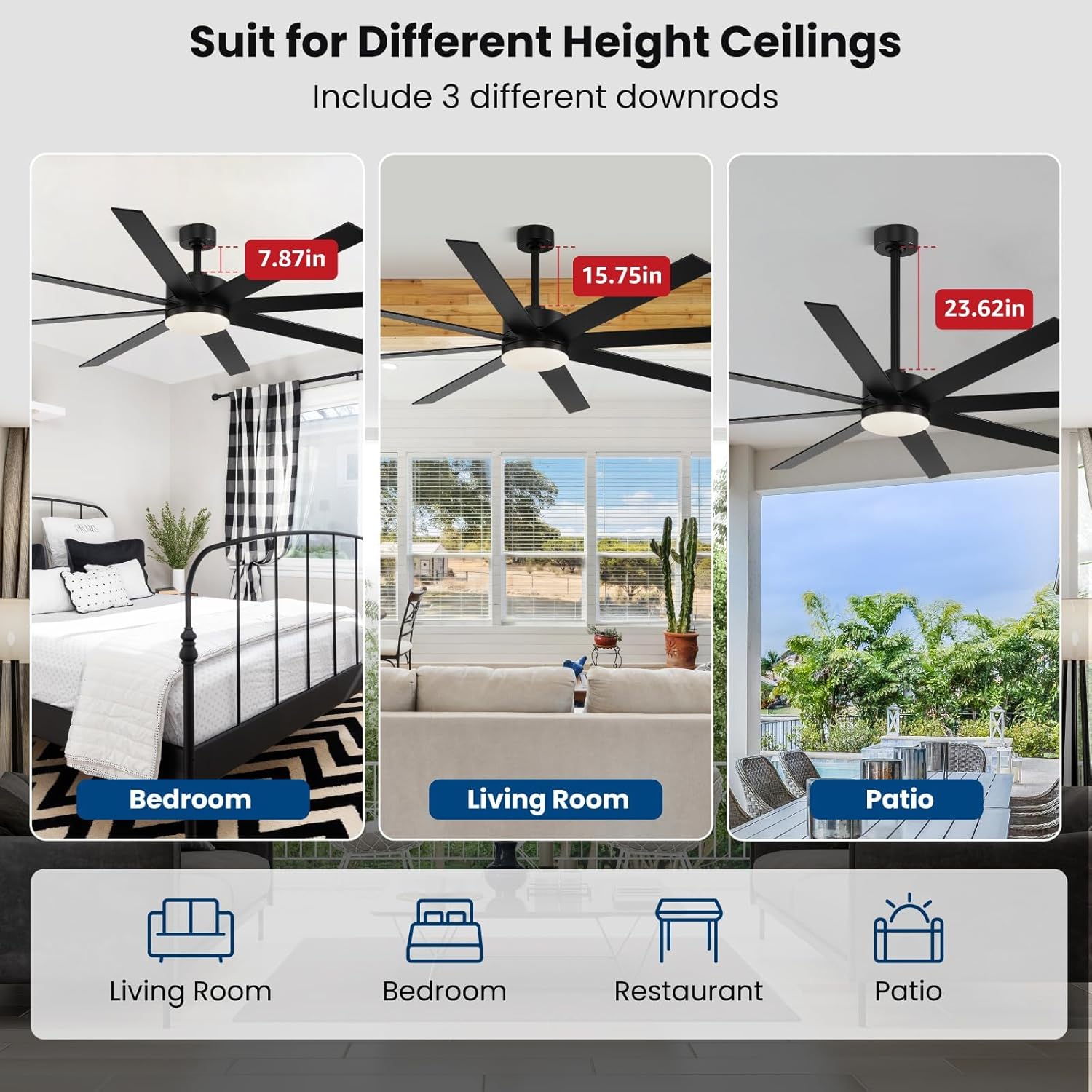 Modern 72 Inch Ceiling Fans with Lights and Remote, Dual Color 8 Blades,Living Room Office Library Cafe Outdoor Industrial, 24W 3CCT 6 Speed Reversible Quiet DC Motor, Black/Wood Grain