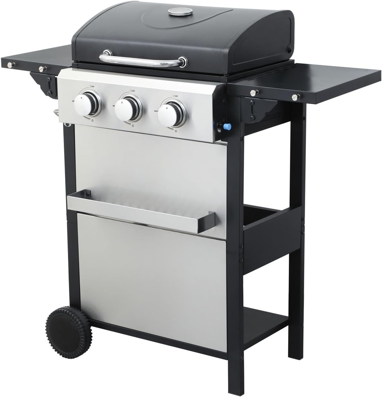 3 Burner Gas Grill with Lid, BBQ Grill With Grids Combo, Outdoor Barbecue Grids with Wheels, Propane Grills with Foldable Side Table, Cooking Grids, Stainless Steel, 25650BTU