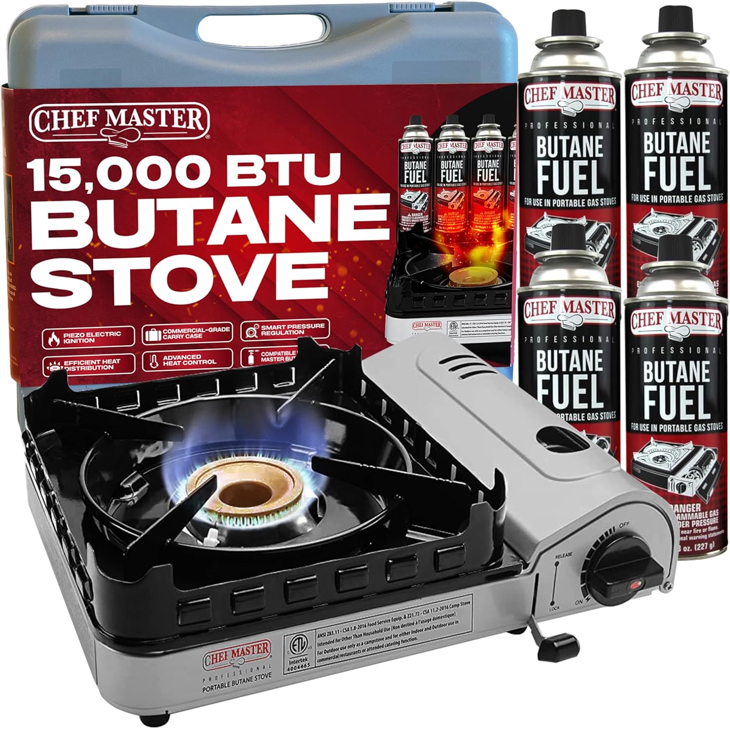 Chef Master 15,000 BTU Butane Portable Camp Stove + 4x 8oz Butane Canisters | Double Wind-Guard Portable Stove Burner w/Piezo Ignition for Emergencies, Tailgating, Hiking & Camping Essentials - 90019