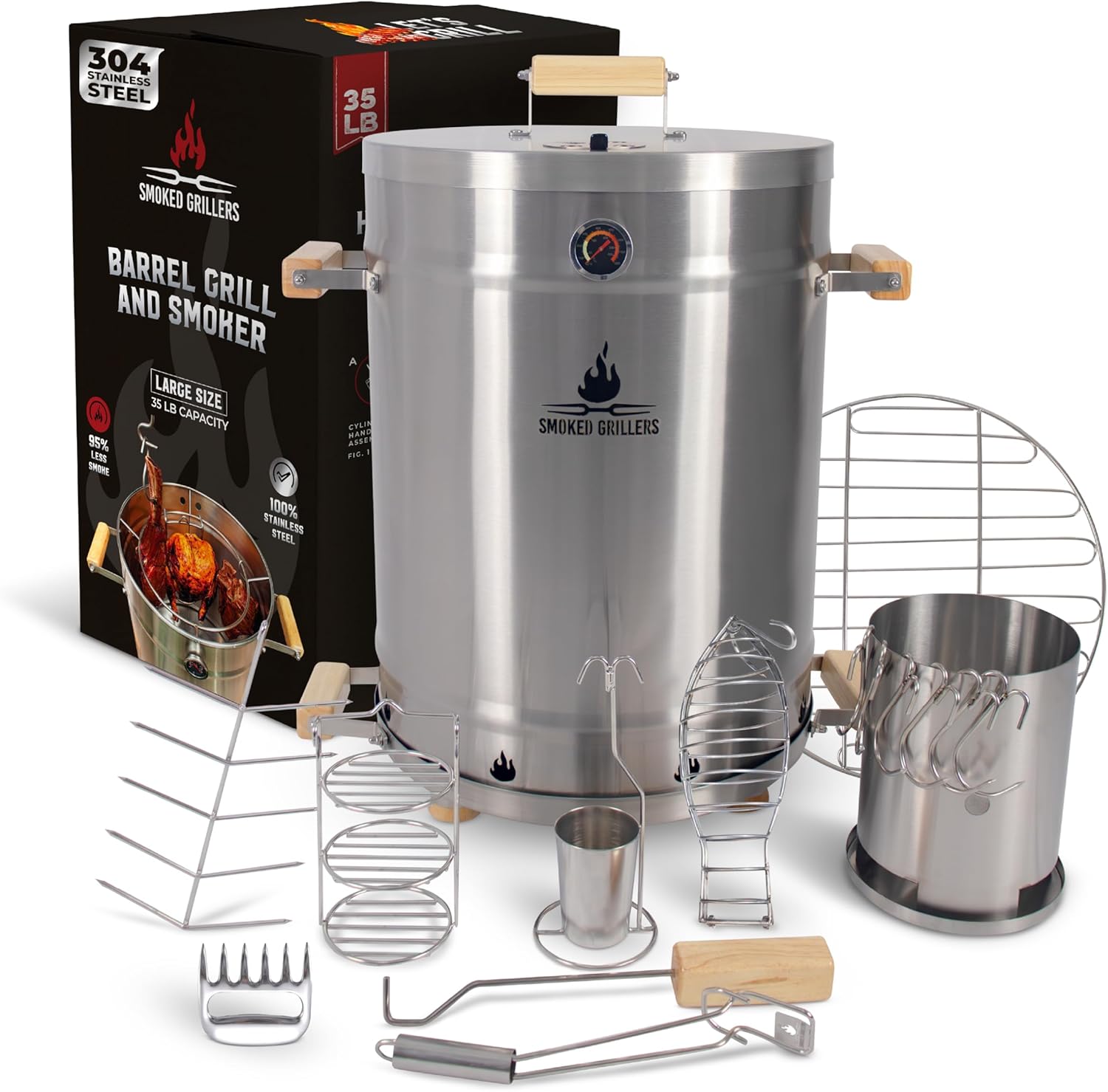Barrel Smoker Grill Combo | 100% Stainless Steel Barrel | 95% Less Smoke, Even Heat | Easy to Use & Clean – Vertical Smoker Ideal for Balconies and Backyards (LARGE-35 LBS)