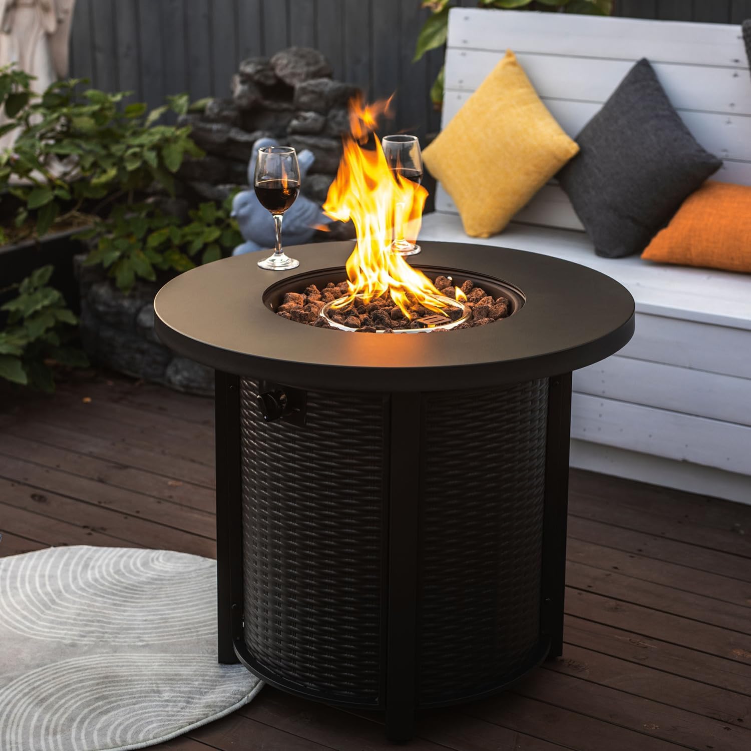 30 Inch Propane Round Fire Table - 40000 BTU Fire Pit Table with Realistic Rattan Design