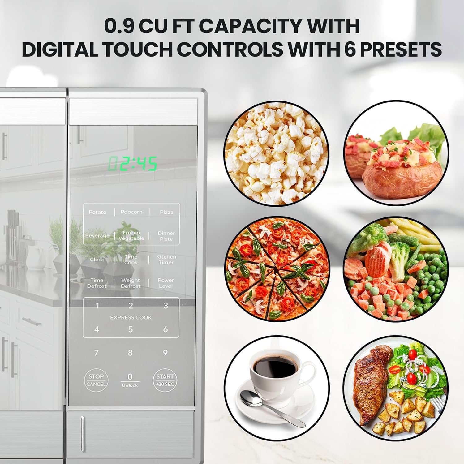 Total Chef 0.9 Cu Ft Microwave Oven – Compact Countertop Microwave, Small Stainless Steel Kitchen Appliance with Digital Touch, Pre-Set Functions, 10.6” Turntable, 900 Watt, Microondas Pequeños