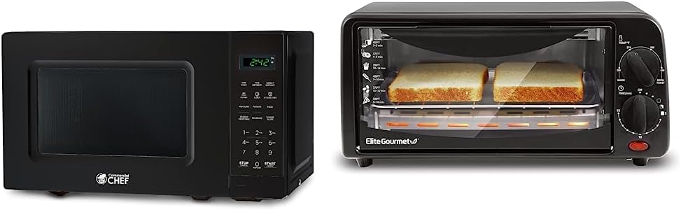 Commercial CHEF Small Microwave 0.7 Cu. Ft. Countertop with Digital Display, Black & Elite Gourmet ETO236 Personal 2 Slice Toaster Oven 15 Minute Timer