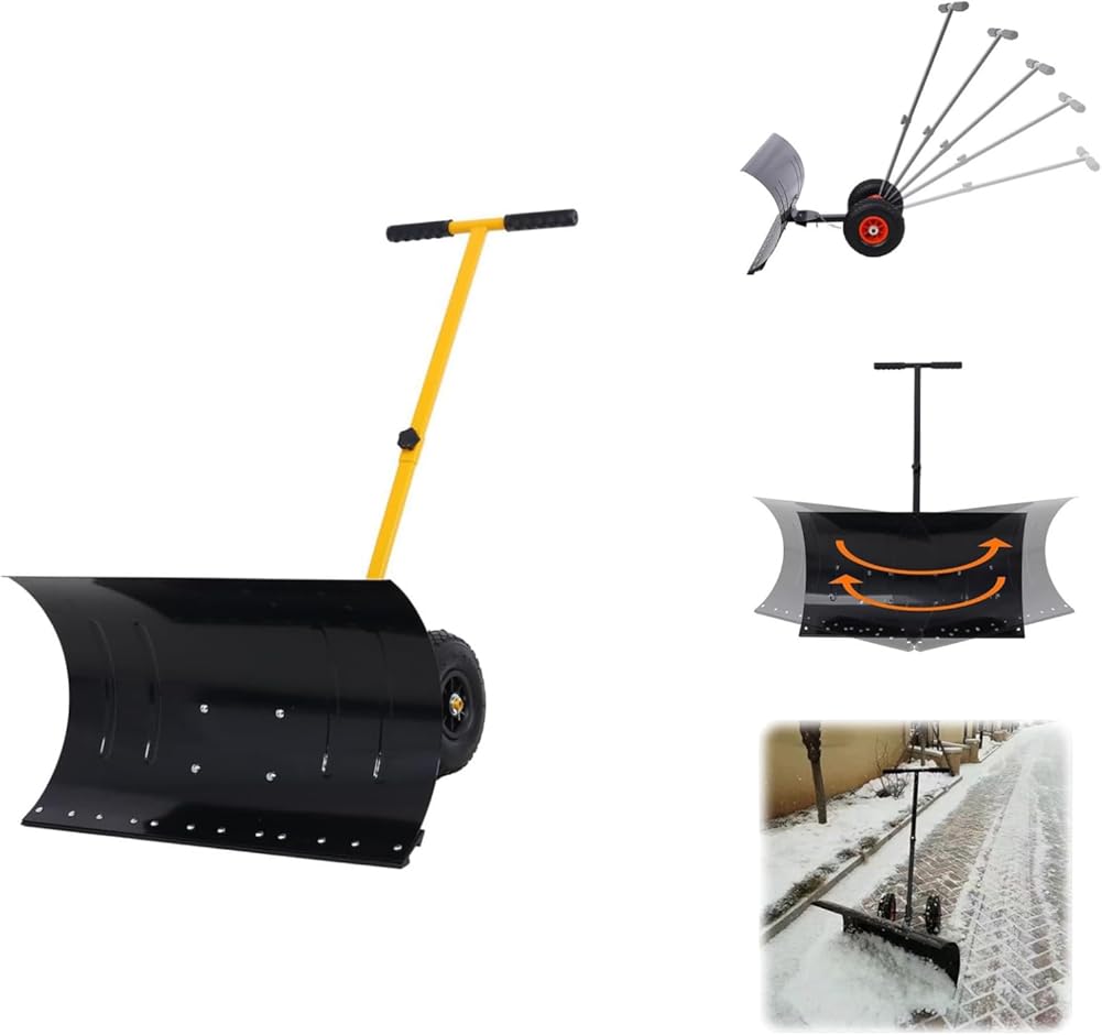Snow Shovel for Driveway, Snow Pusher with Wheels, Removal Adjustable Angle & Height Handle (Yellow)
