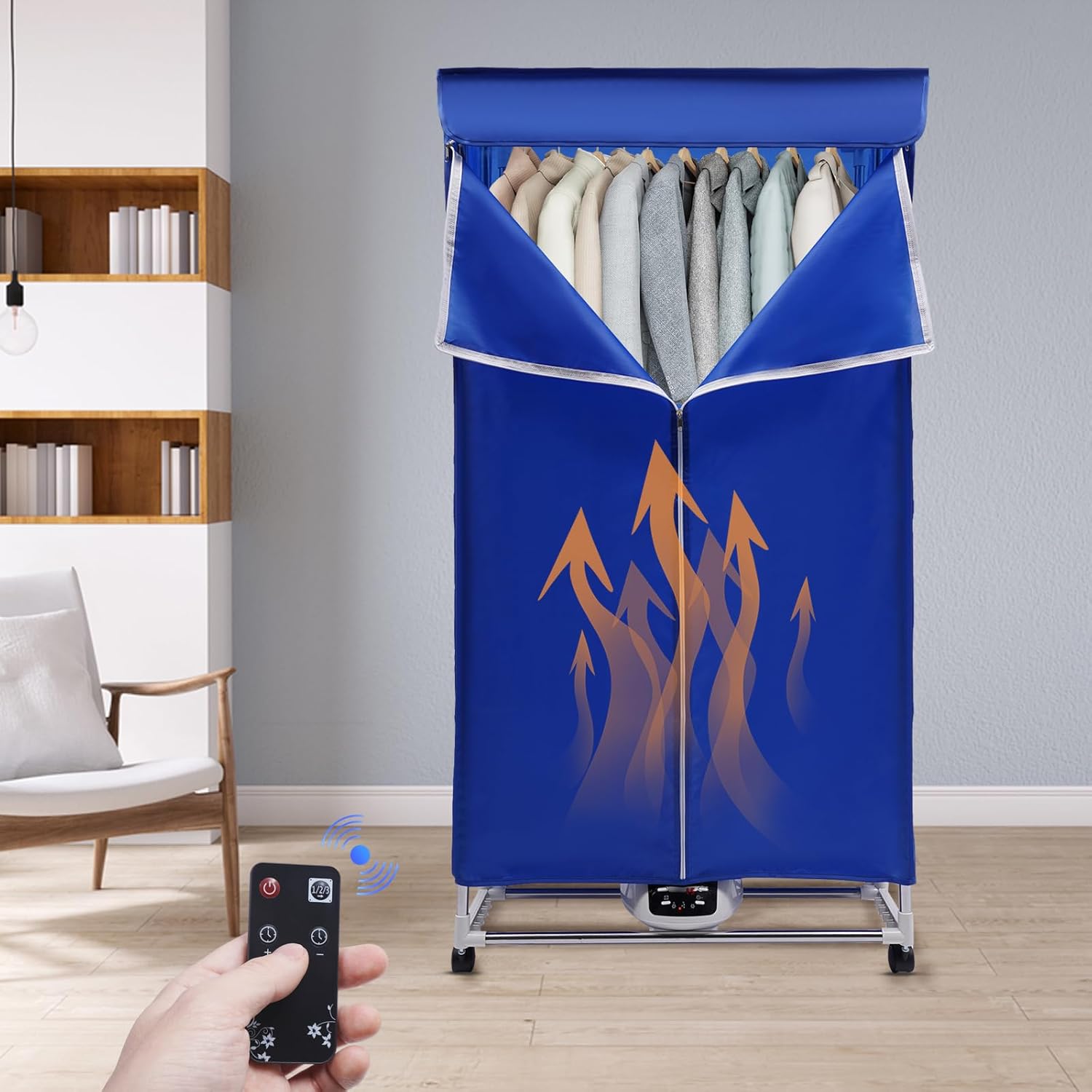 1200-1500W 110V Clothes Dryer Portable Drying Machine with Remote Control, 3 Gears Laundry Drying Wardrobe with Large Capacity, Electric Dryer/Rack for Home and Apartments, 27.55x19.68x59in (Blue)