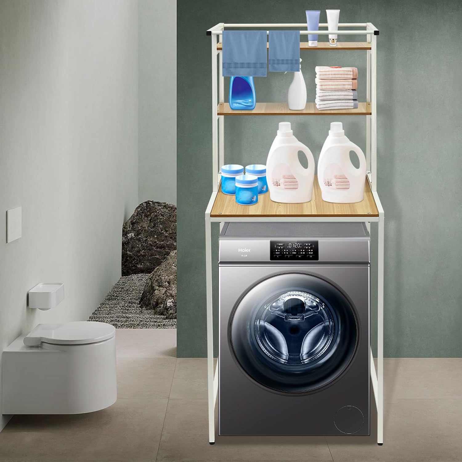 Washer Dryer Stacking Rack Stand, Dryer Storage Shelf with 3 Tiered Shelf, Space Saver Washer Dryer Storage Shelf, Universal Washer for Bathroom Laundry Room(White+ Log)