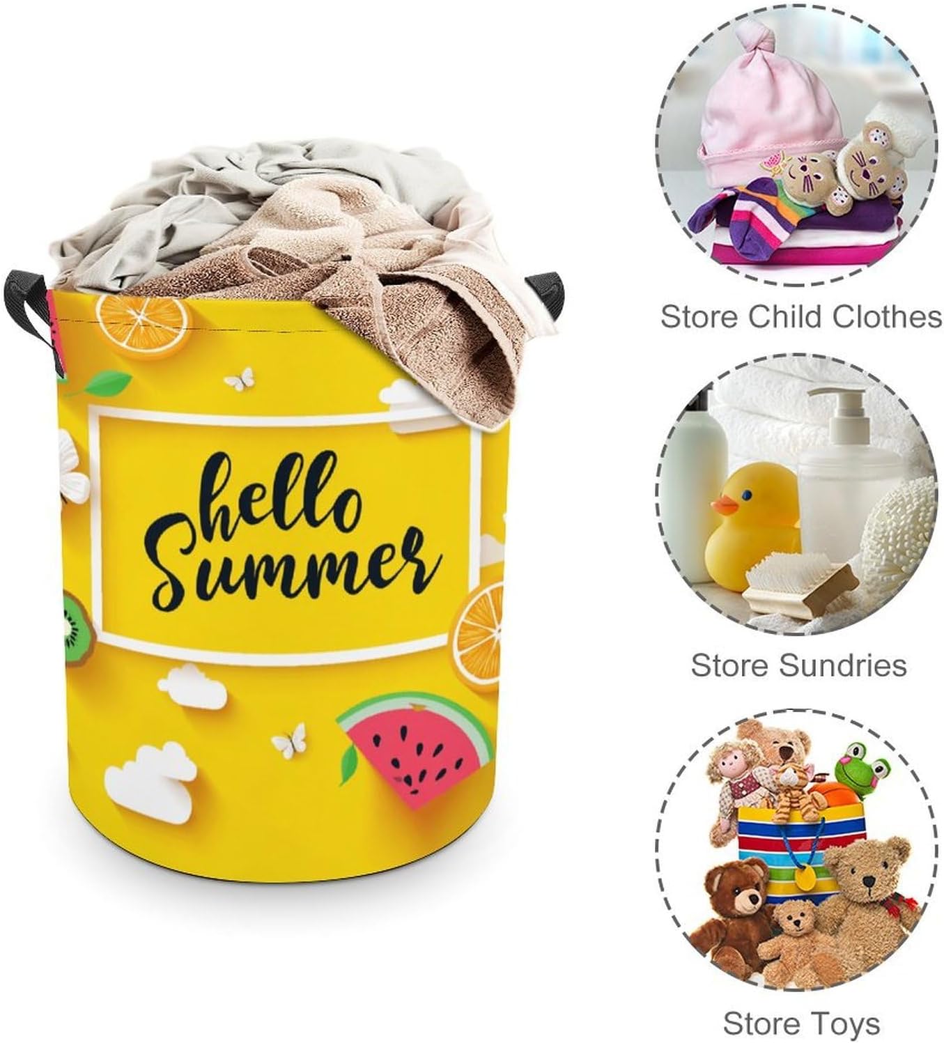 Kuizee Laundry Basket Collapsible Clothes Hamper Hello Summer Fruit Yellow Washing Bin Waterproof Round Oxford Cloth Storage Baskets for Bedrooms Clothes Toys,17.3x13.8 Inch