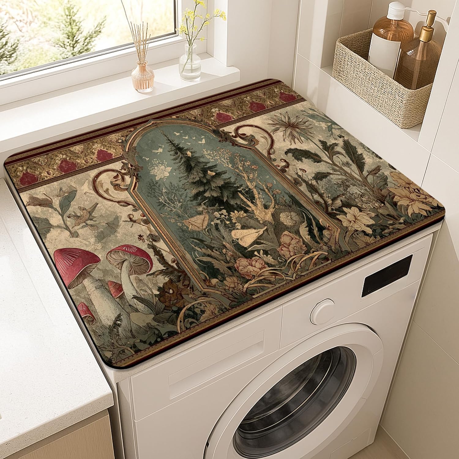 Nature-Inspired Washer Dryer Top Protector Mat, Vintage Botanical Artwork Laundry Machine Dust Covers, Rustic Rubber Anti-slip Waterproof Washer And Dryer Mats for Home Decor 20x24 Inch