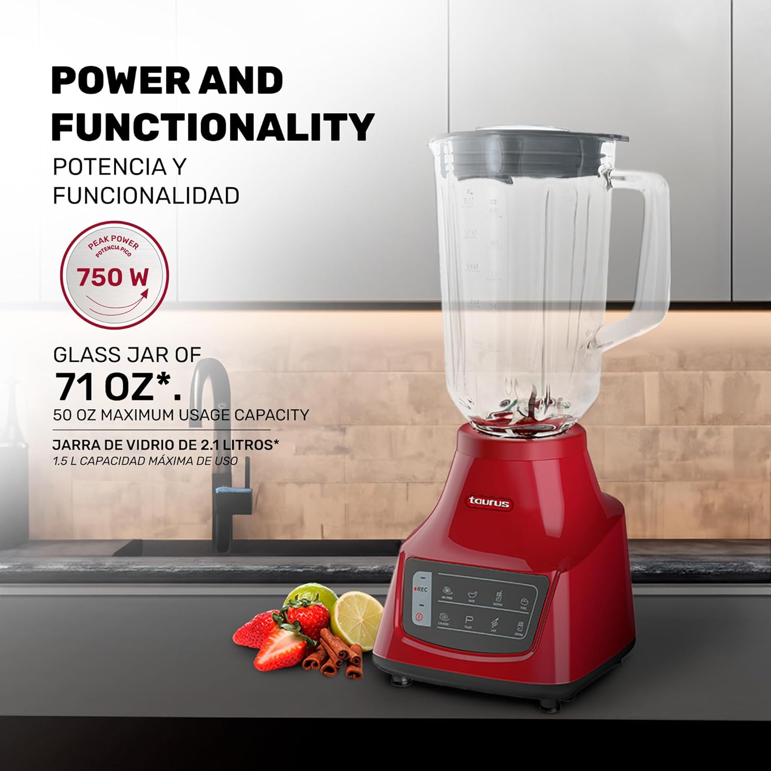 TAURUS GRANDEUR TOUCH REC | Super touch blender with programmable function | 800W | Glass jug 1.5 L | Turbo and pulse function | 5 pre-programmed functions | Stainless steel blades