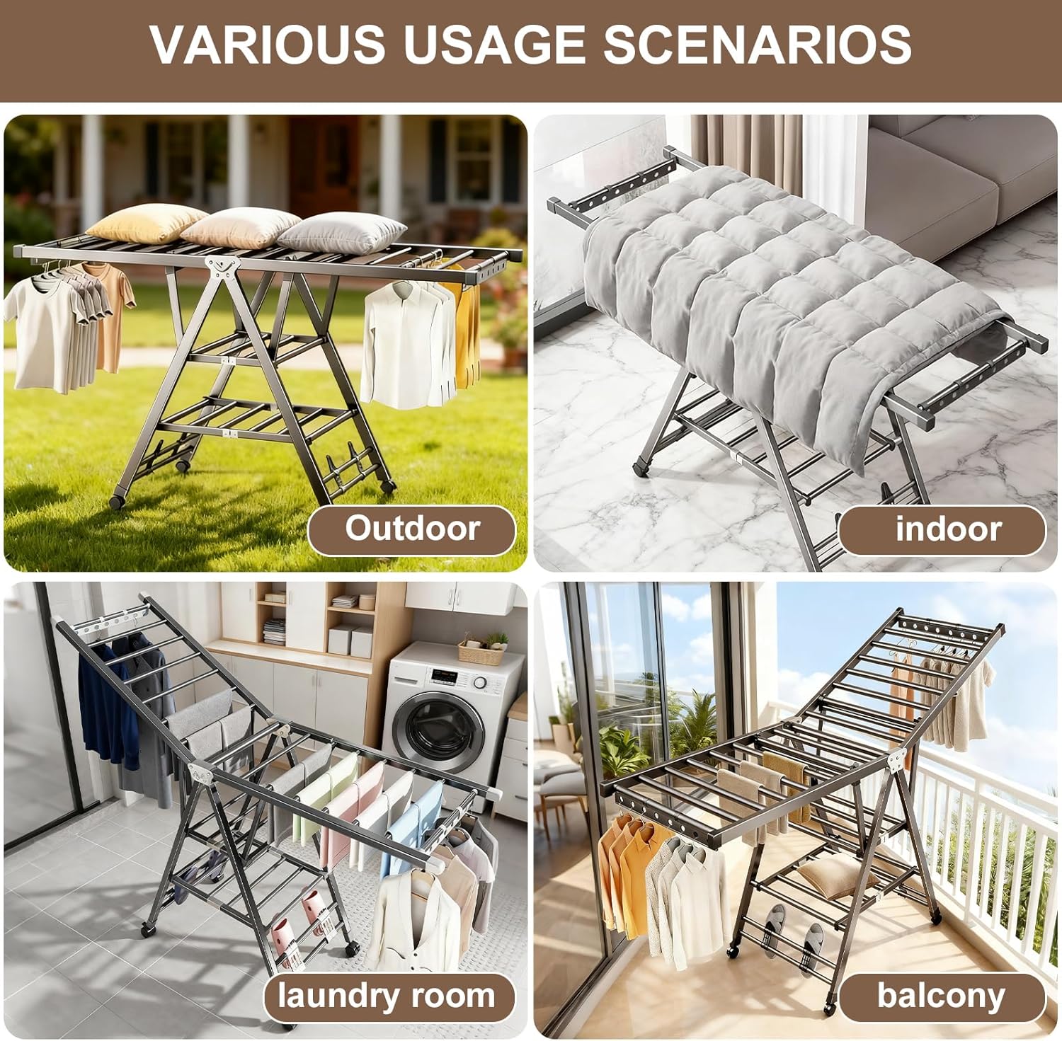 Heavy Duty 3-Tier Clothes Drying Rack with Wheels & Shoe Rack - Large 5.9ft Foldable Metal Laundry Stand, Portable Collapsible Clothing Hanger for Indoor Outdoor Use in Laundry Room