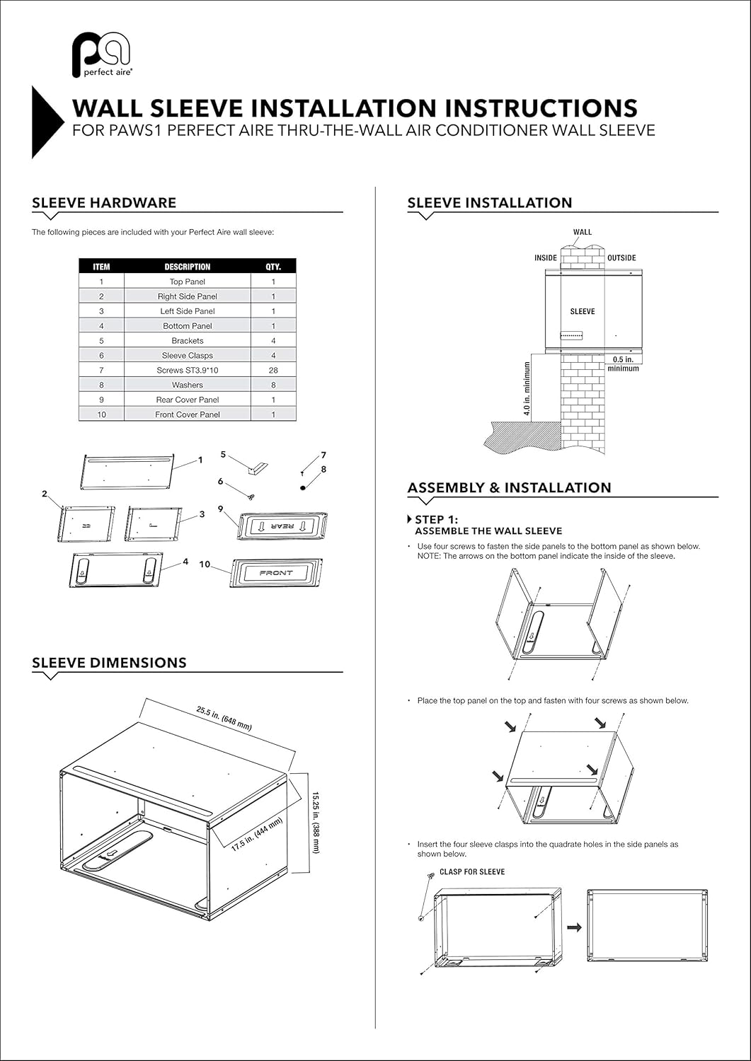 Perfect Aire PAWS1 Thru-The-Wall Air Conditioner Sleeve, Fits Standard 24-Inch TTW A/C Units