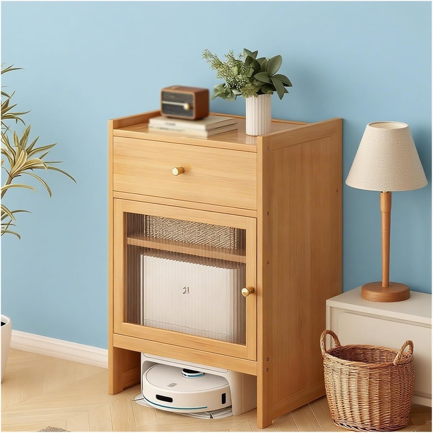 Robot Vacuum Hidden Cabinet Robot Cleaner Storage Rack Hide Vacuum Freestanding Rack for Living Room, Bedroom, Side Table(Natural)