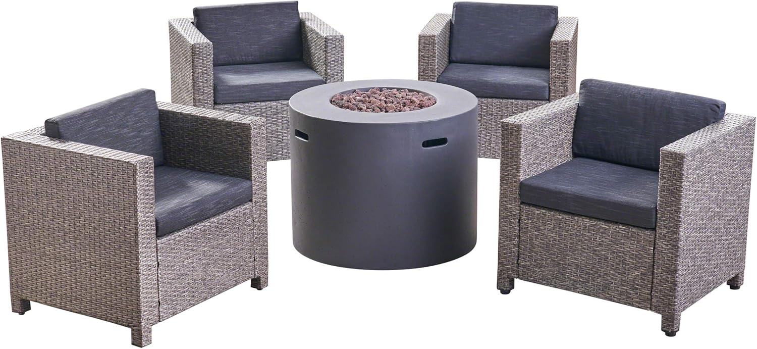 GDFStudio Outdoor 4 Piece Club Chair Set with Round Fire Pit, Mixed Black and Dark Gray