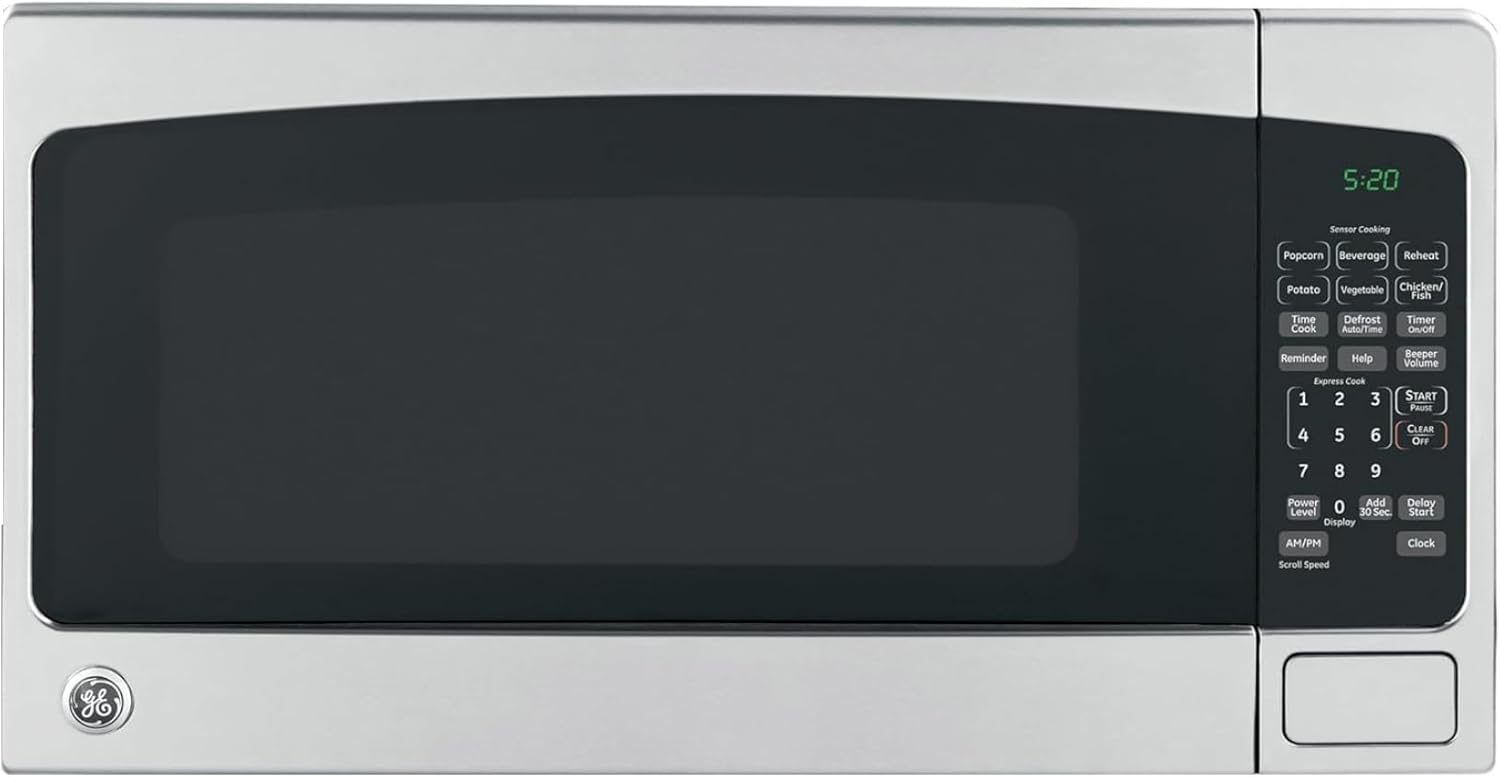 GE Compact Countertop Microwave Oven, 0.7 Cubic Ft., 700-watt Capacity, 6 Auto Cooking Settings, Child-Lock Technology, Dorm Room or Apartment, Stainless Steel