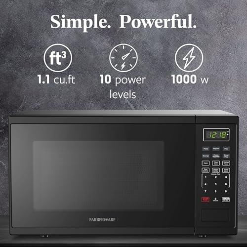 Farberware 1.1 Cu. Ft. Countertop Microwave Oven – 1000 Watts Power, Auto Cook Settings, Defrost, Easy Clean and Child Safety Lock - Black