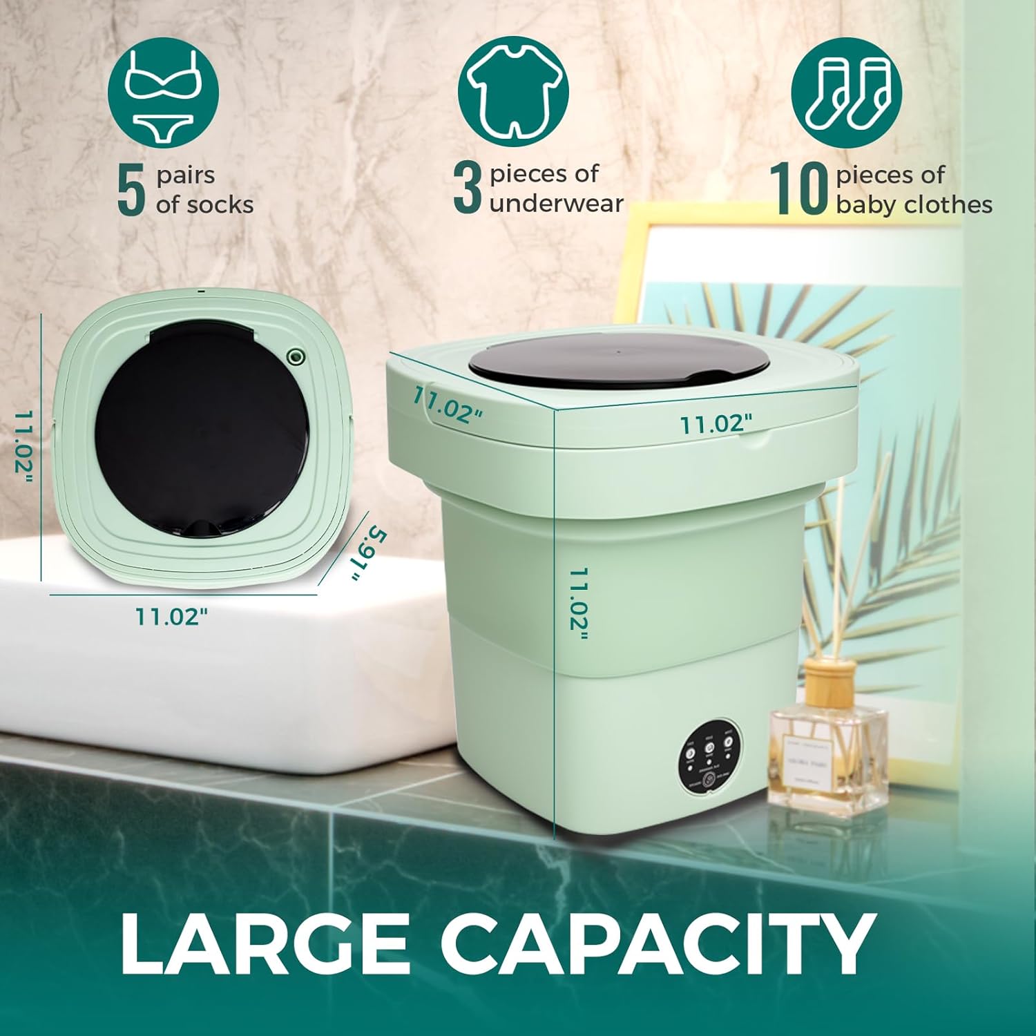 Portable Washing Machine Mini Washer for Apartments - Compact, Foldable Countertop Clothes Washer & Dryer Combo, Small Lavadora Portatil, Handheld Laundry Machine (Green, Medium)