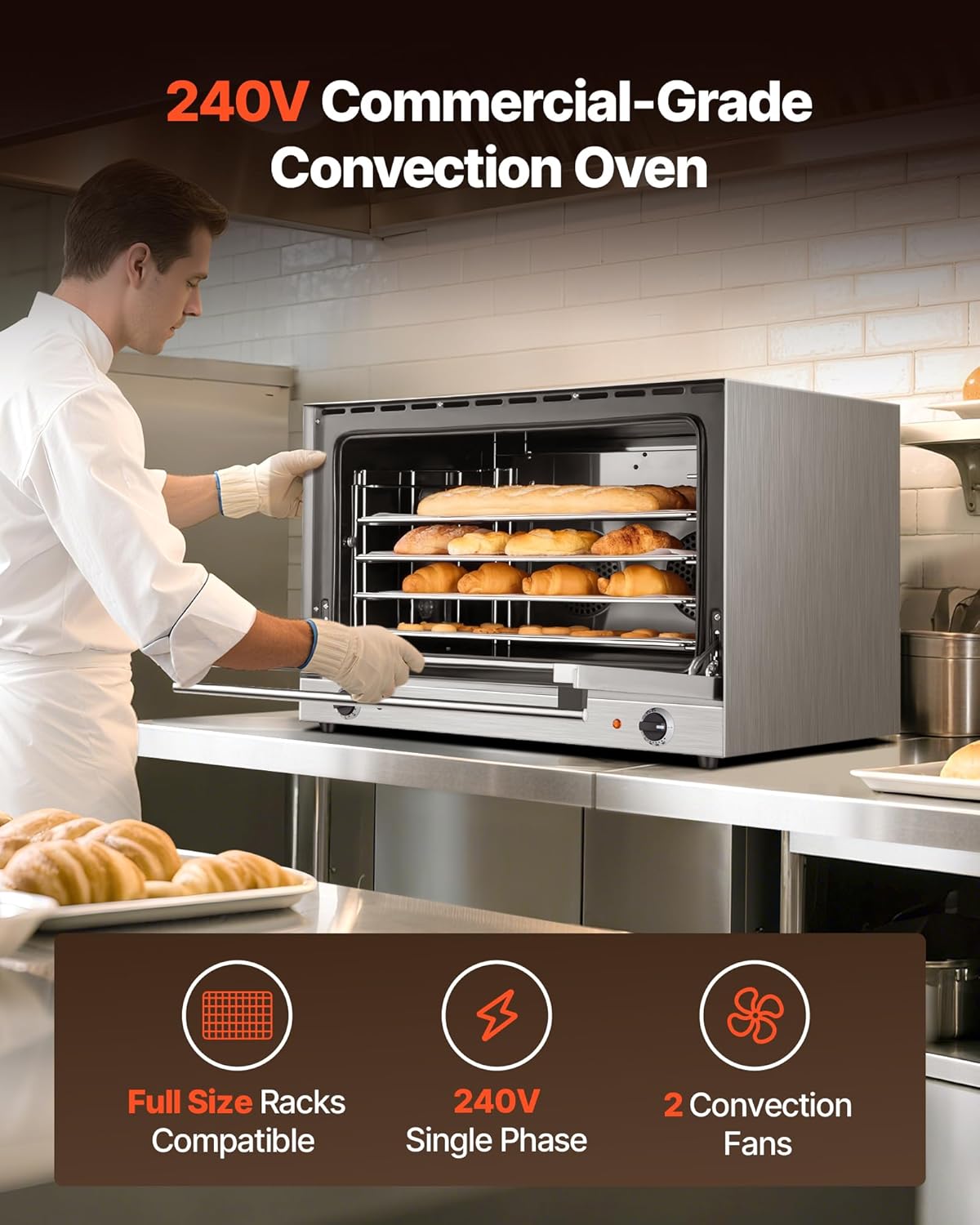 VEVOR Commercial Convection Oven, 4.24 cu.ft Countertop Oven for Full-Size Pans, Electric Convection Ovens with 4 Racks, 360° Hot Air Circulation, for Bakery, Restaurant & Pizza Shop (208-240V 5000W)