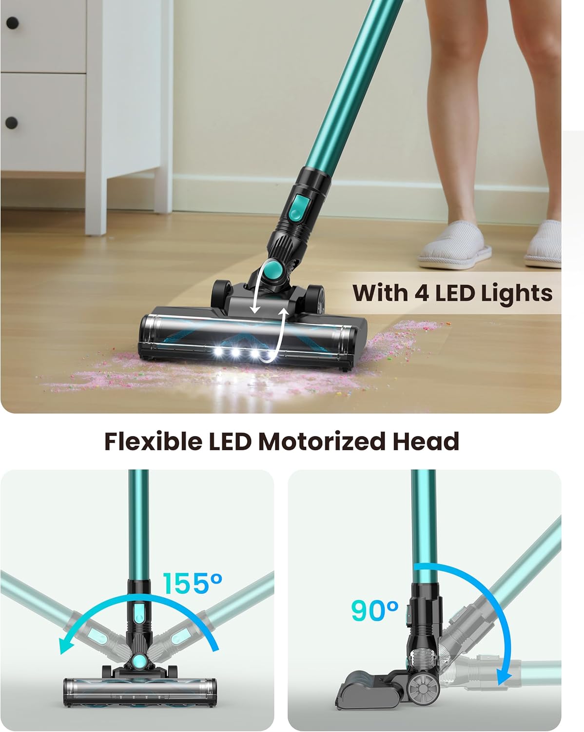 N3T Cordless Vacuum Cleaner,Wireless Stick Vacuum with 40mins Runtime,Self-Standing,Anti-Tangle Brush,Rechargeable Lightweight Vacuum Cleaner for Home,Hardwood Floor,Pet Hair, Carpet-Mint Green