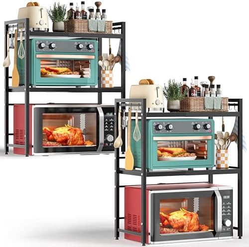 NETEL 2 Pcs Expandable Microwave Stand,3 Tier Metal Kitchen Countertop Organizer Shelves with 8 Hooks,Bakers Rack,Microwave Shelf,Microwave Oven Rack,110lbs Weight Capacity,Black