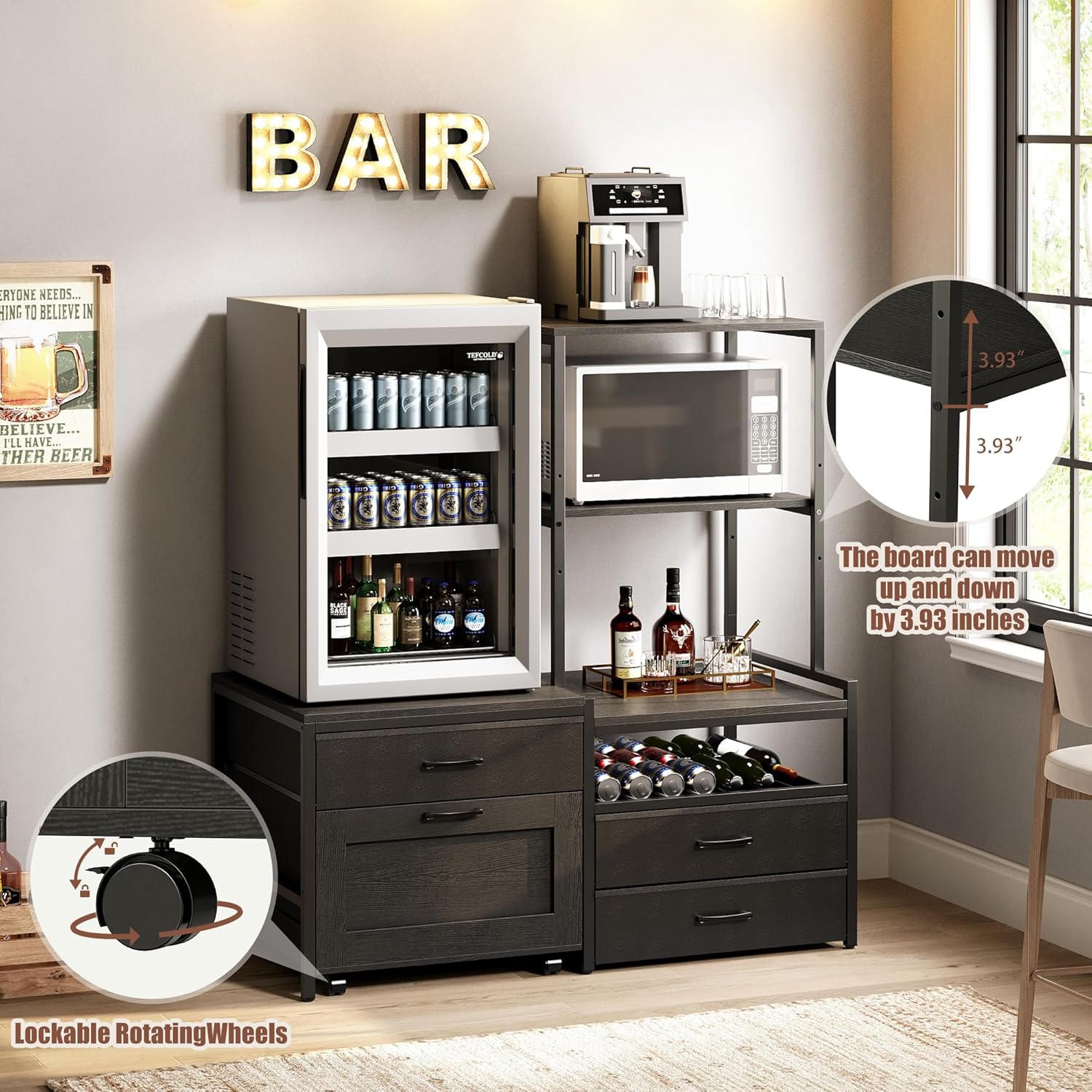 Mini Fridge Stand with Wine Rack, Kitchen Bakers Rack with Power Outlet, Microwave Oven Stand, Coffee Bar, Movable Drawers, for Dorm,Office, Black HB04BXB
