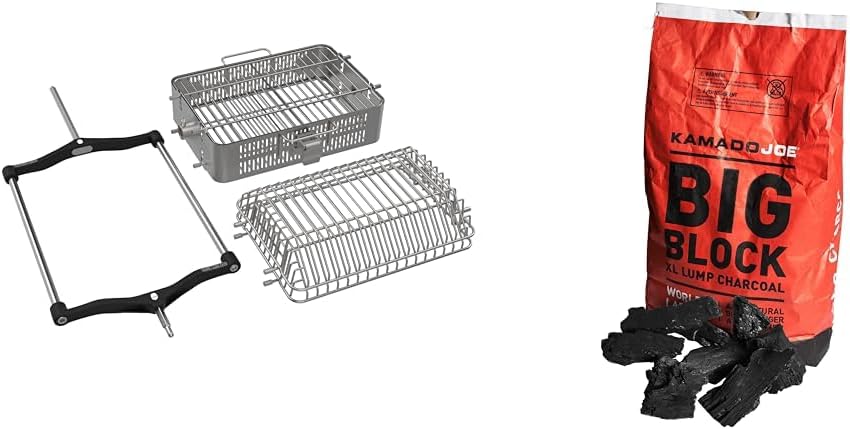 Kamado Joe JoeTisserie Basket Kit with Flat Basket, Tumbler Basket and Quick Connect Rod for Classic and Big Joe Grill and 20LBS Big Block XL Premium 100% All-Natural Hardwood Lump Charcoal