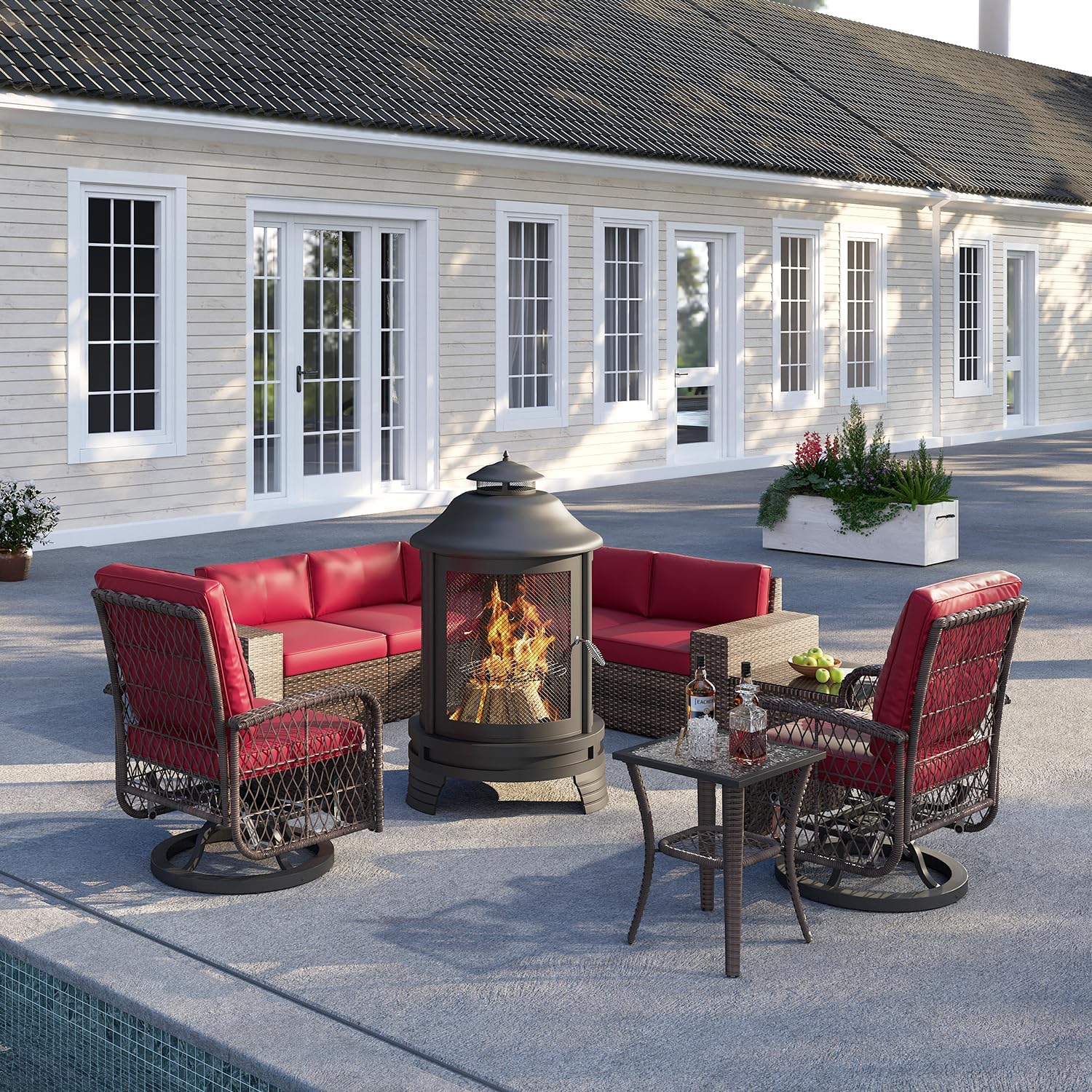 oneinmil 10-Piece Outdoor Furniture Set, with Large Fire Pit Chiminea and Swivel Rocking Chair, Wicker Rattan Sectional Conversation Set, and Coffee Table