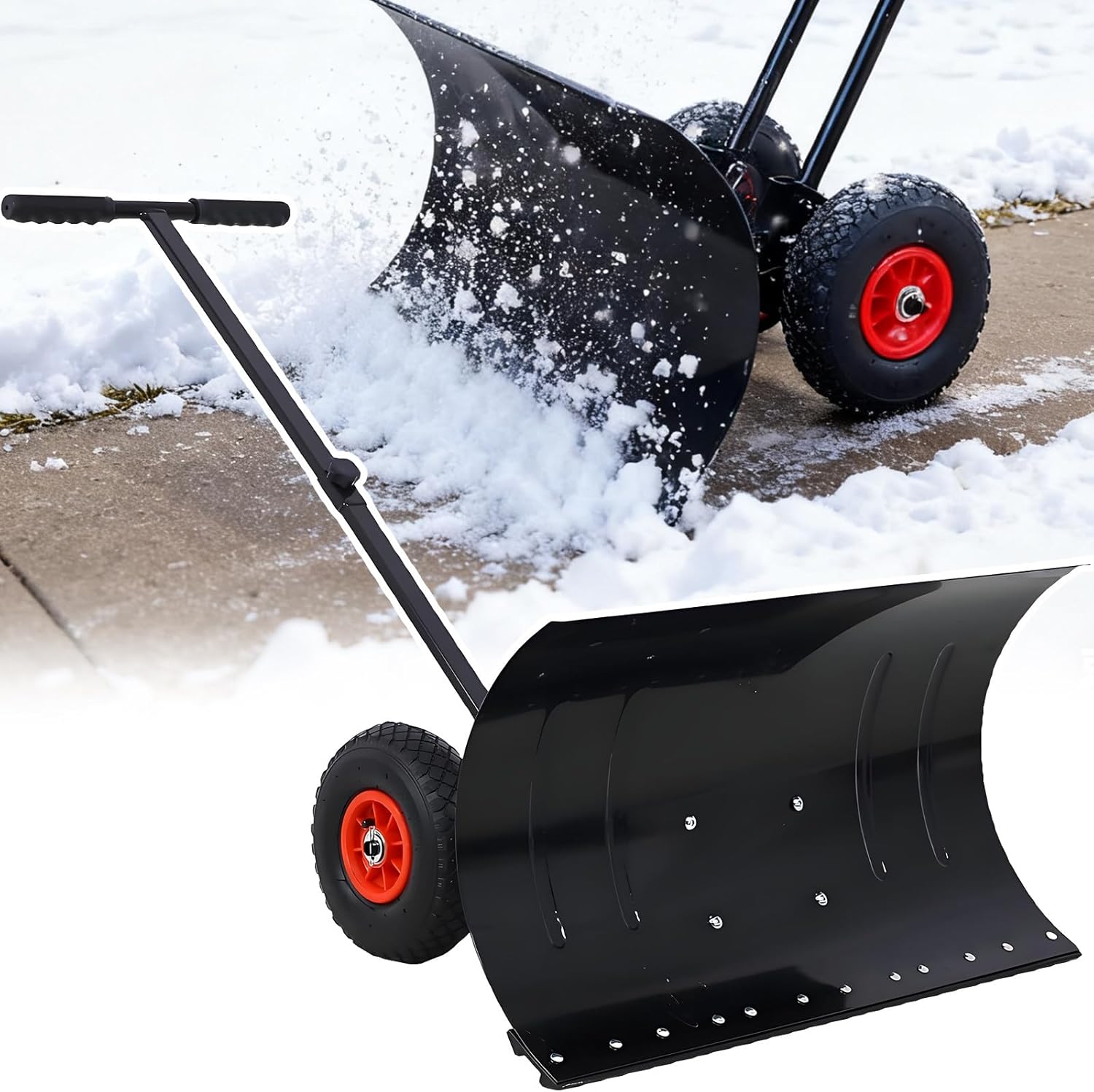 Snow Pusher Shovel - Heavy-Duty Blade with Pneumatic Tires and Adjustable Settings for Efficient Driveway and Property Clearing