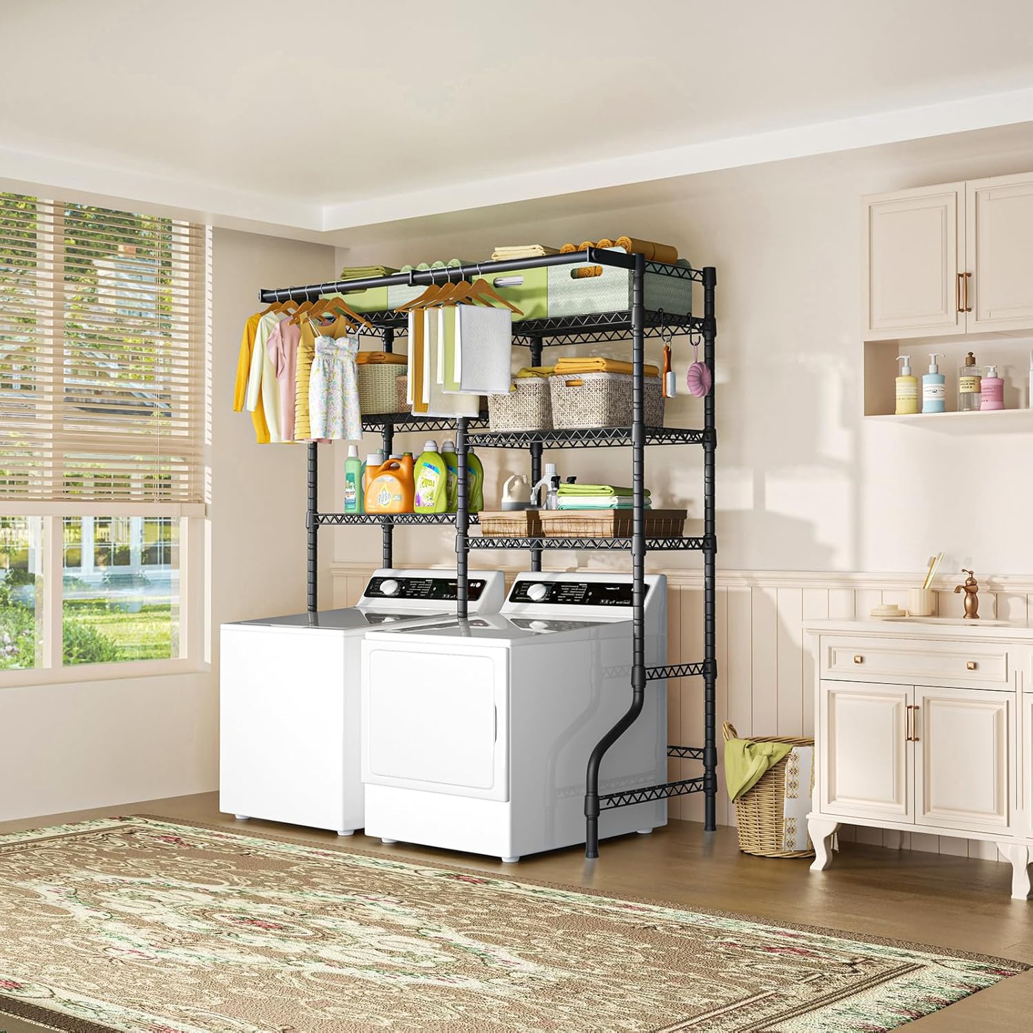 Ulif U13 Over Washer and Dryer Storage Shelves, 6 Tiers Laundry Room Standing Shelf with 2 Hanger Rods, Space Saver Clothes Drying Rack, 63.4