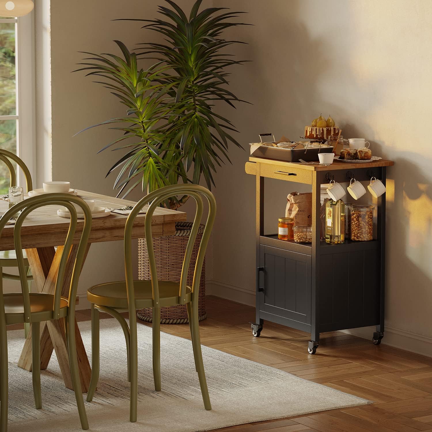 Kitchen Island on Wheels with Drawer, Storage Cabinet, Shelf and Side Hook, Rolling Kitchen Cart with Rubber Wood Countertop, Microwave Cart for Small Space, Black