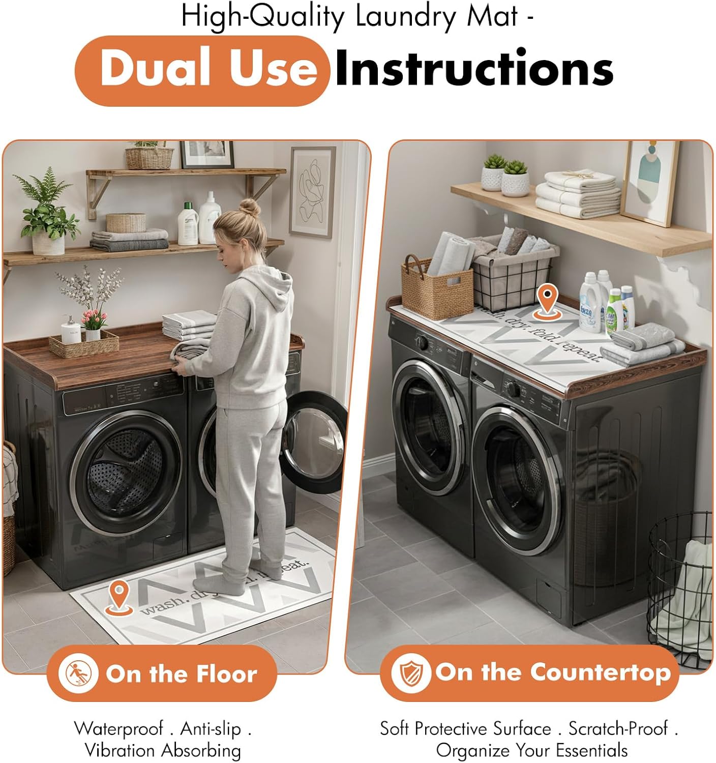 Premium Washer Dryer Countertop with Anti-Slip Pad, 54inch Laundry Room Organization Set, Stackable Storage Solution with Silicone Ironing Mat, Diatomite Mat(Brown)