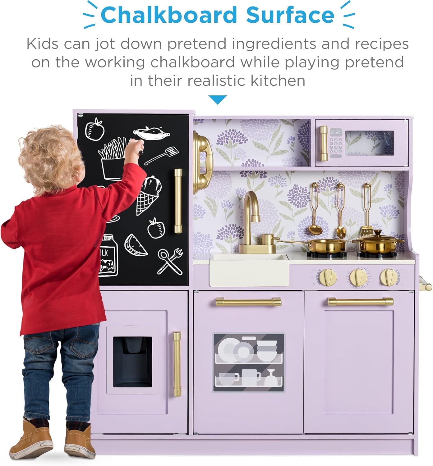 Best Choice Products Pretend Play Kitchen Wooden Toy Set for Kids w/Realistic Design, Telephone, Utensils, Oven, Microwave, Sink - Lavender