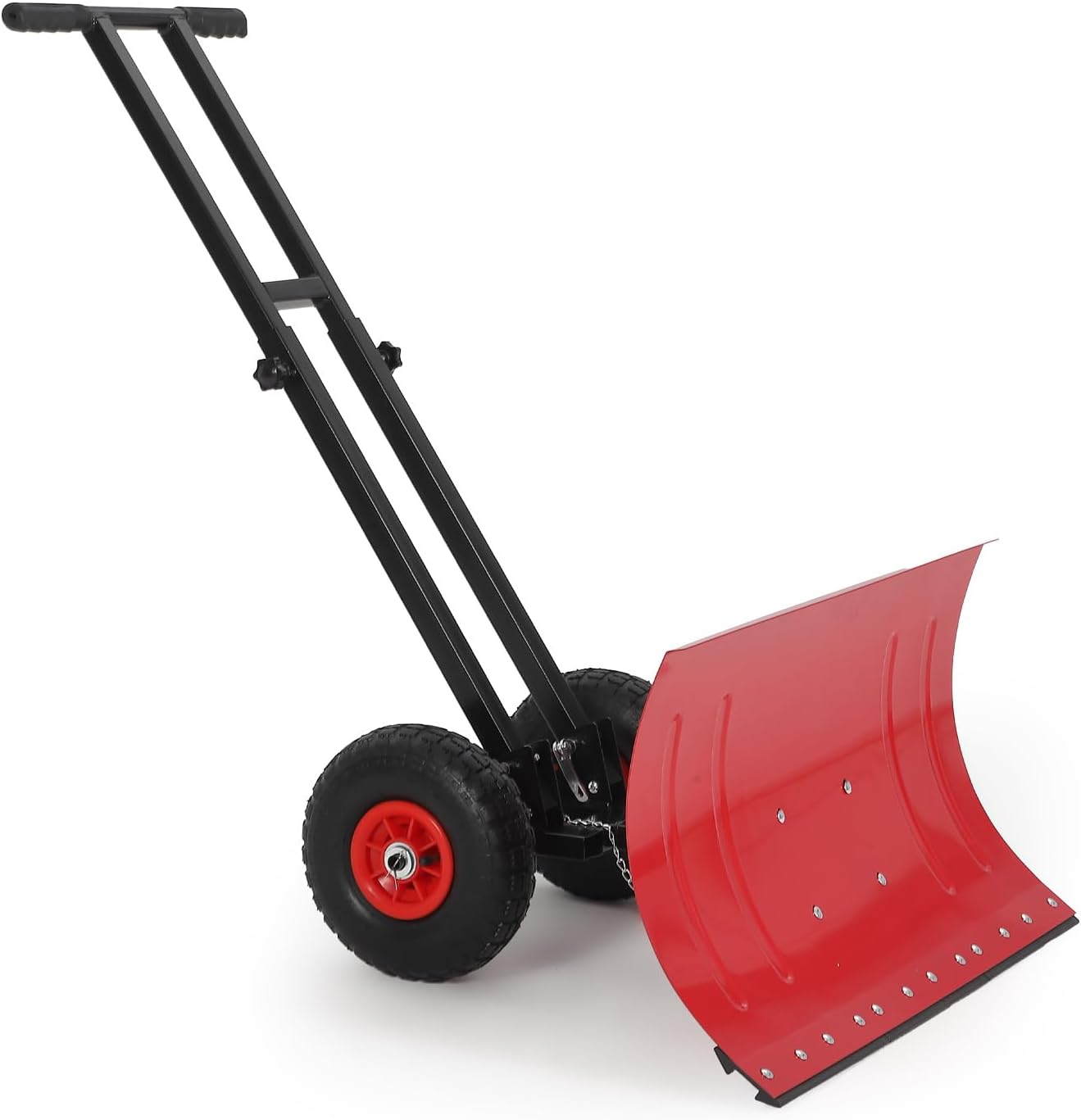 29x14 in Snow Shovel with 5-Position Angled Blade & Adjustable Handle, Heavy Duty Metal Snow Pusher Shovel with Wheels for Driveway, Doorway, Sidewalk, Pavement, Red & Black