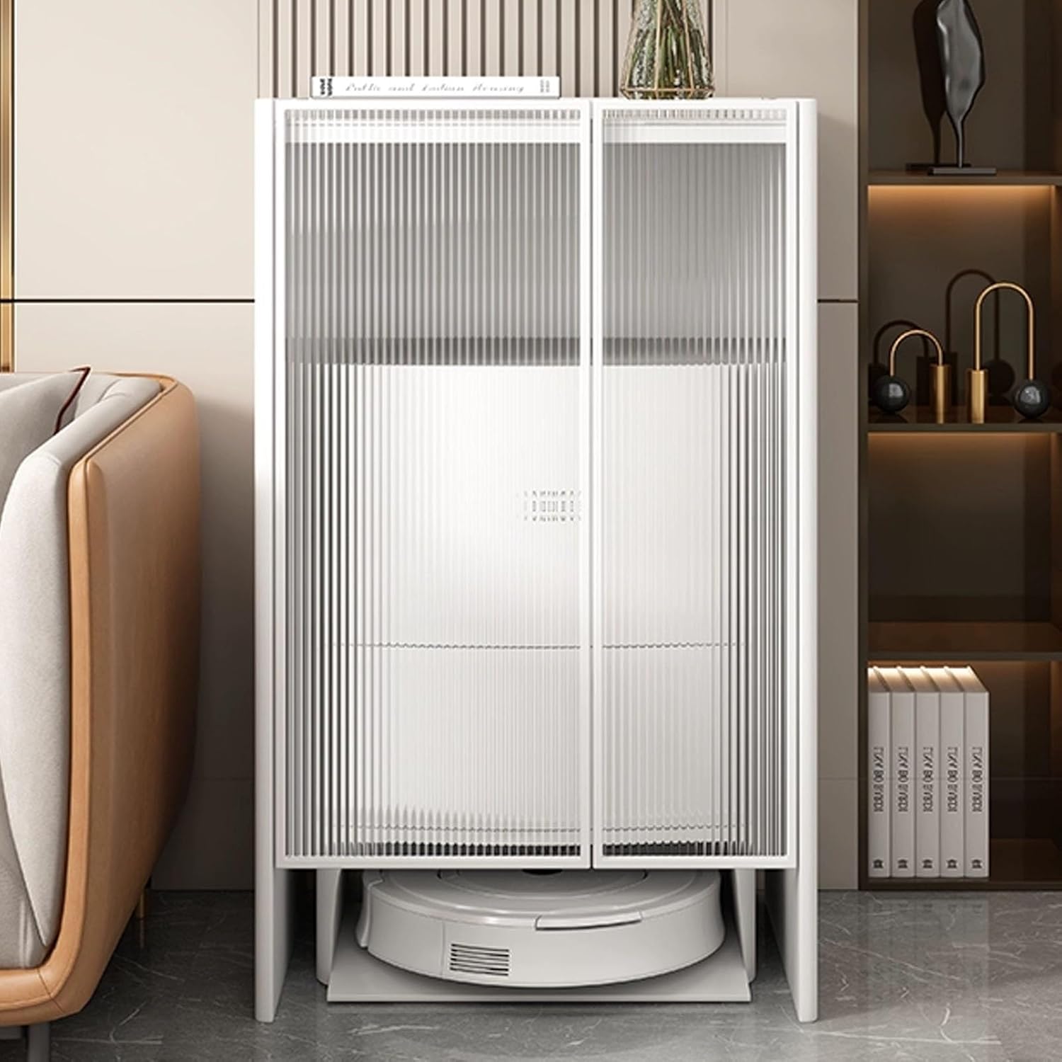 JKGHK Sweeping Robot Storage Rack, Floor-Standing Robot Vacuum Stand Cabinet, Vacuum Hidden Cabinet for Sweeping with Glass Door, for Bedroom, Living Room, Office(White)