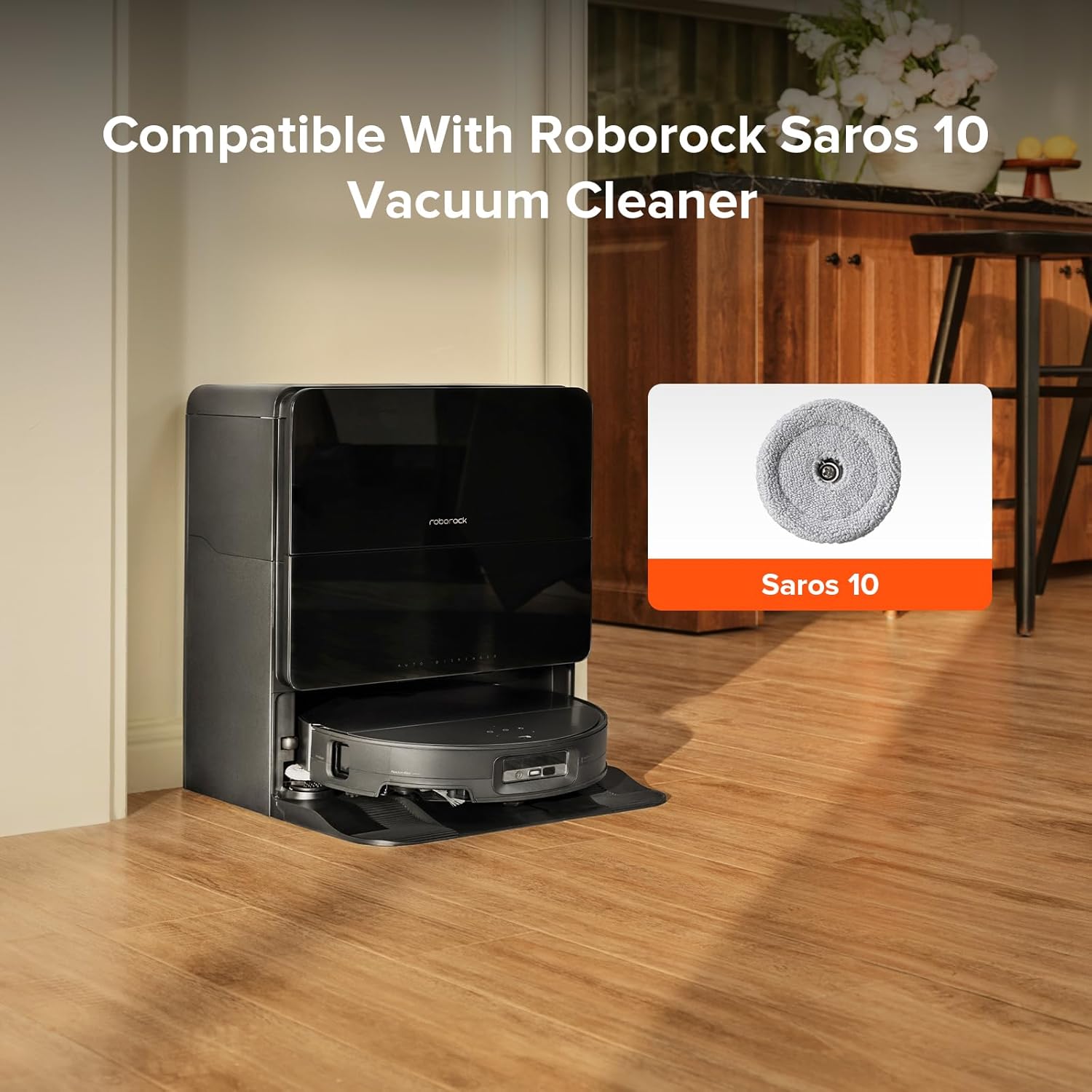 roborock Saros 10 Robot Vacuum and Mop Black with 2 Pack Side Mop Cloths
