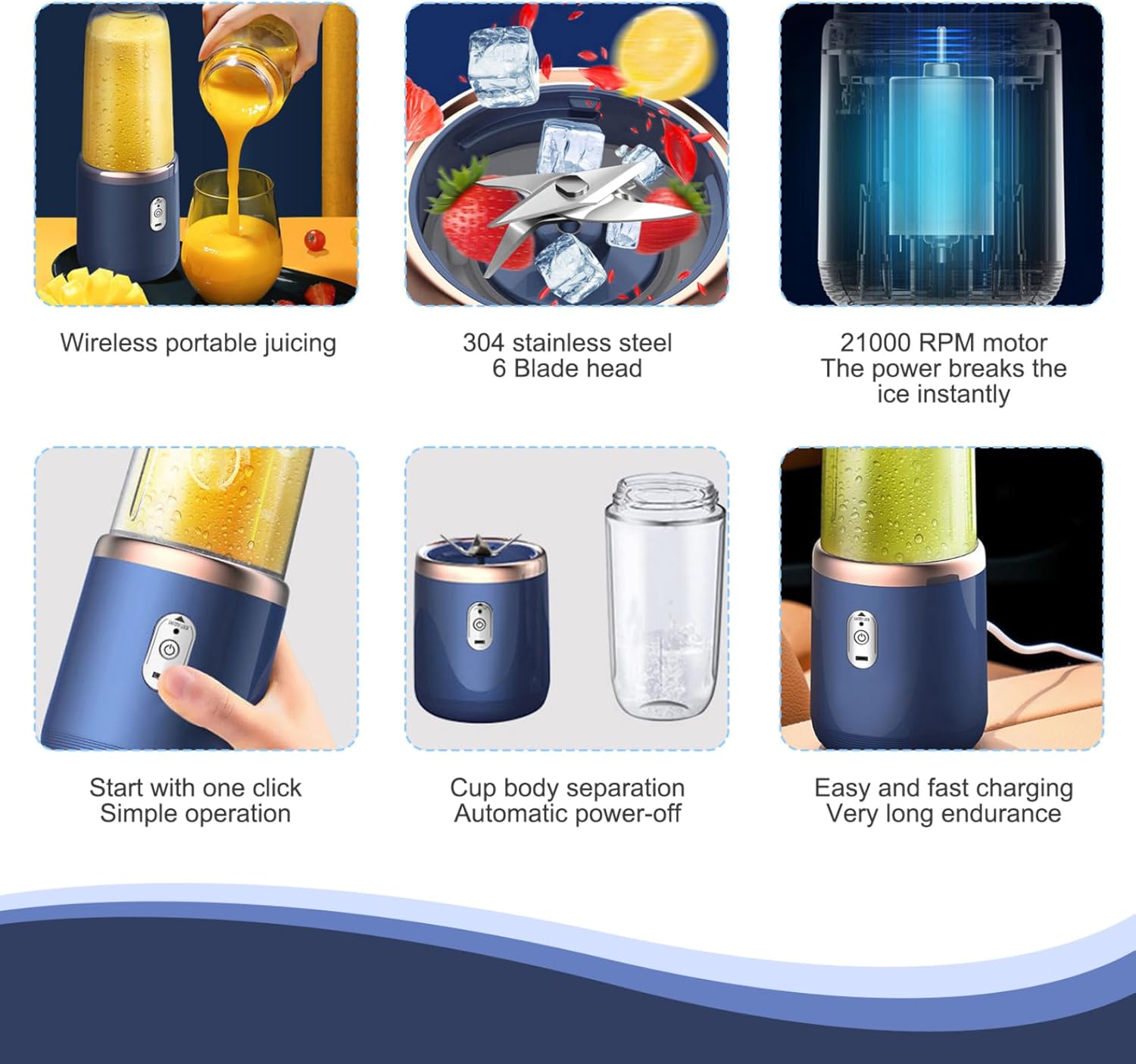 Portable Blender 400ml Personal Juicer with 6 Blades On the Go Blender with Lid USB Rechargeable Mini Cup for Sports Travel and Outdoors Portable