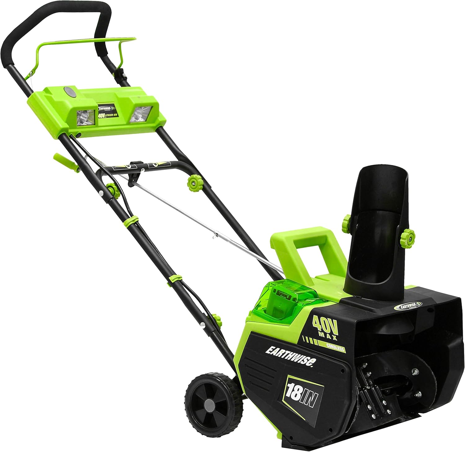 Earthwise SN74018 Cordless Electric 40-Volt 4Ah Brushless Motor, 18-Inch Snow Thrower, 500lbs/Minute, With LED spotlight (Battery and Charger Included), Black/Green