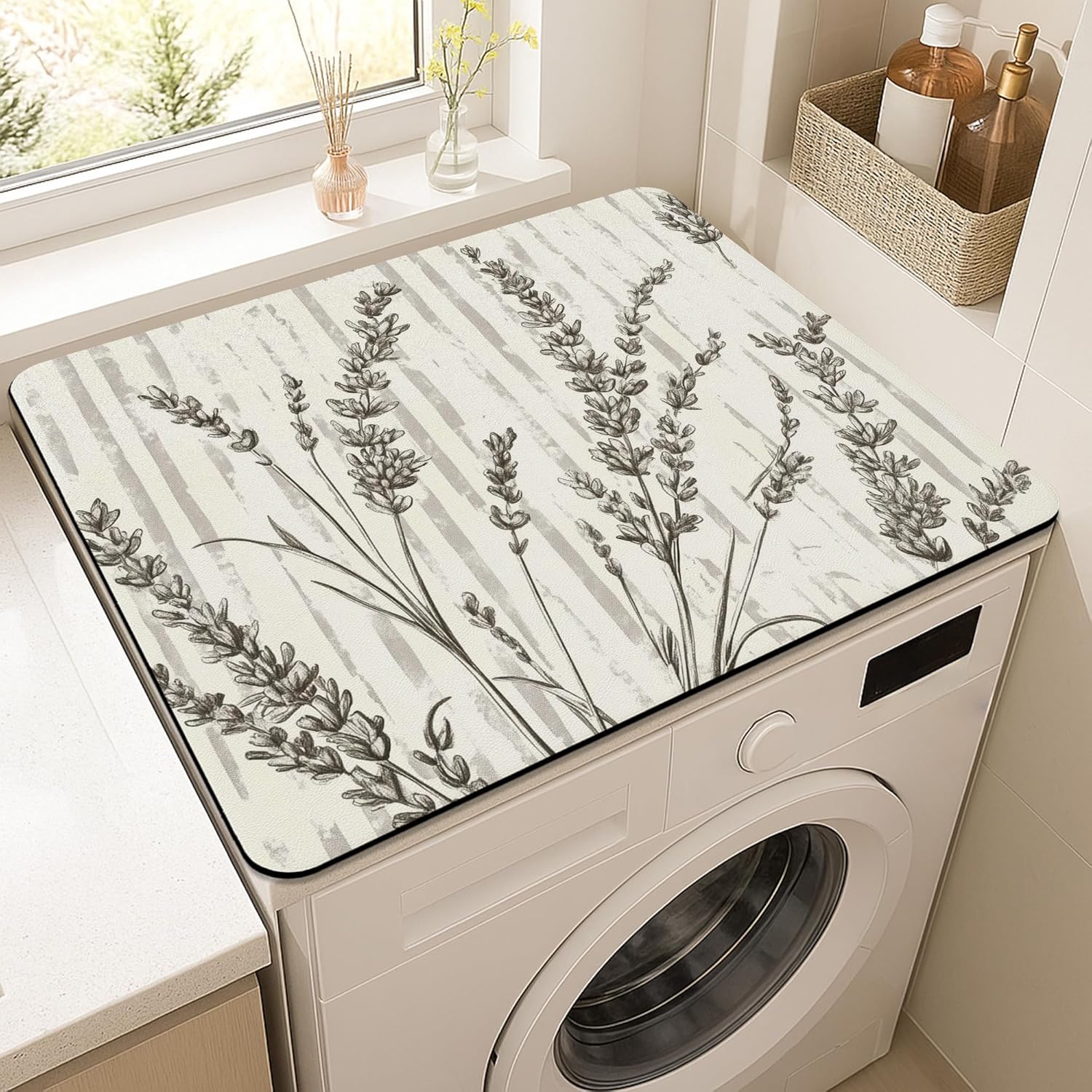 Lavender Washer Dryer Top Protector Mat, Vintage Botanical Floral Laundry Machine Dust Covers, Elegant Anti-slip Waterproof Washer and Dryer Mats for Home 20x24 Inch