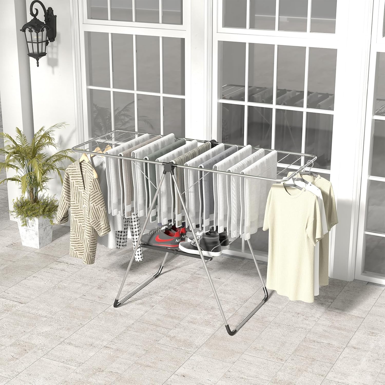 Tangkula Collapsible Clothes Drying Rack, 2-Level Folding Aluminum Drying Rack w/Height-Adjustable Wings, Bottom Shoe Rack, Space-Saving Laundry Drying Rack for Indoor & Outdoor Use, Silver